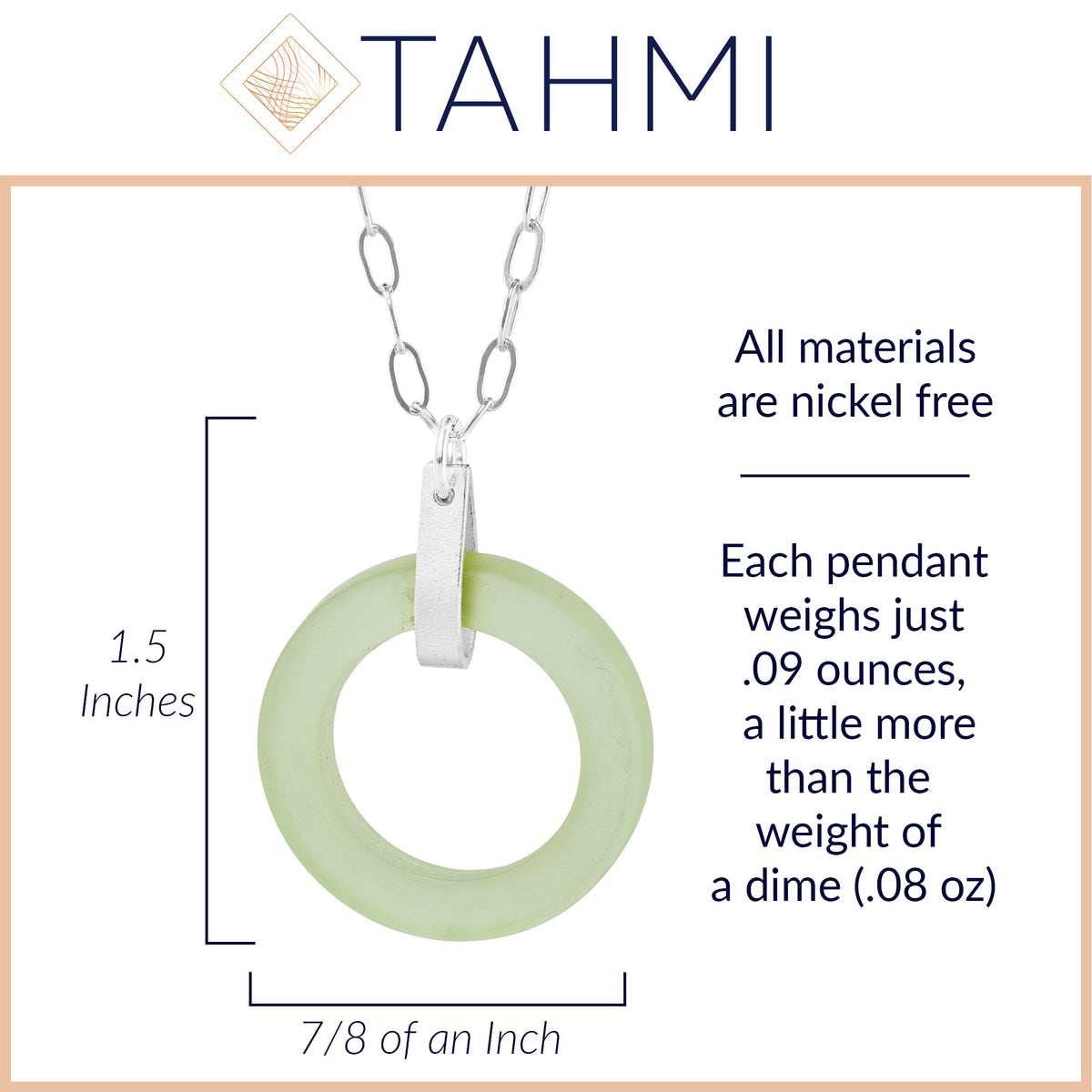 Light Pastel Sage Green Round Recycled Glass Open Circle and Sterling Silver Strap Style Pendant Necklace