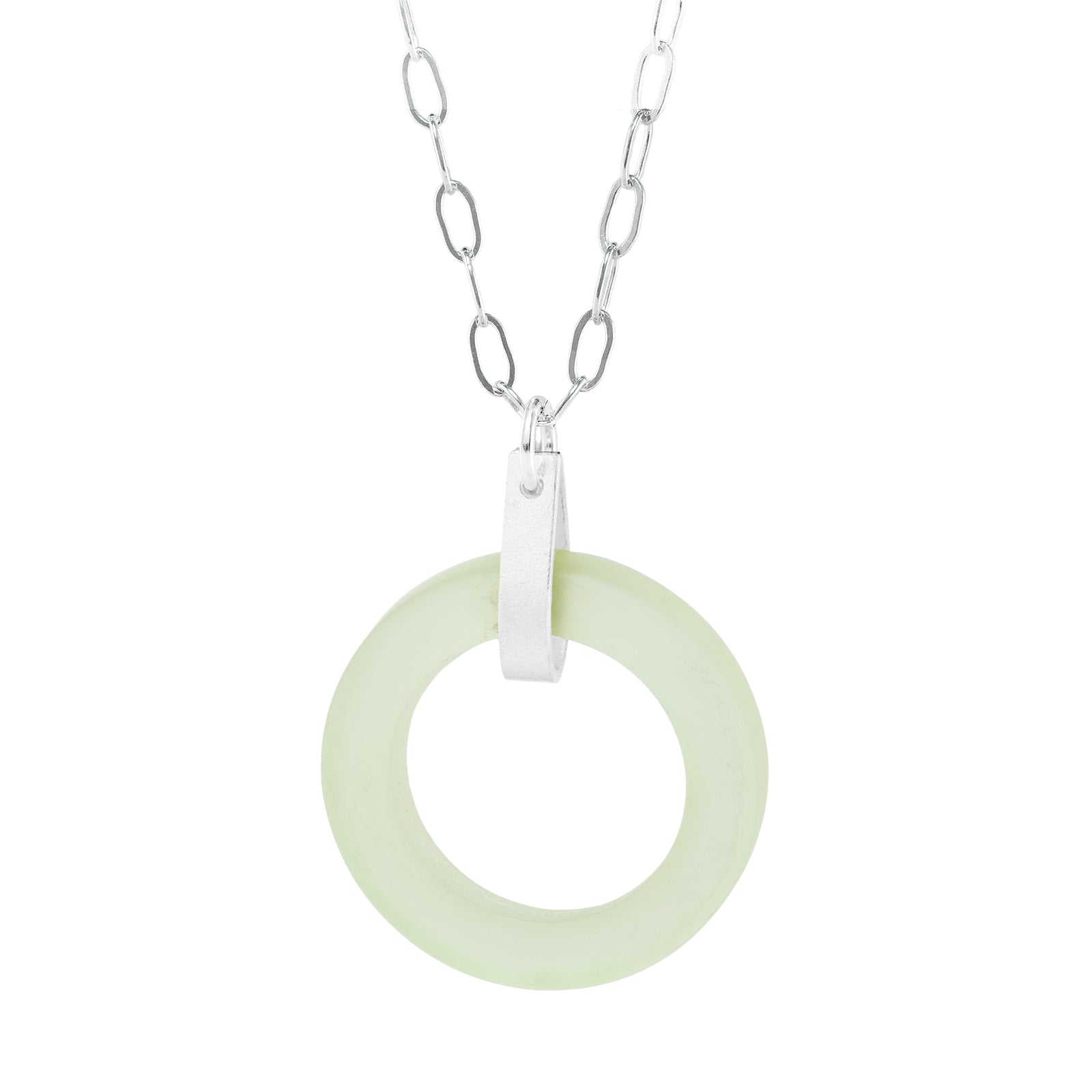 Light Pastel Sage Green Round Recycled Glass Open Circle and Sterling Silver Strap Style Pendant Necklace