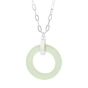 Light Pastel Sage Green Round Recycled Glass Open Circle and Sterling Silver Strap Style Pendant Necklace