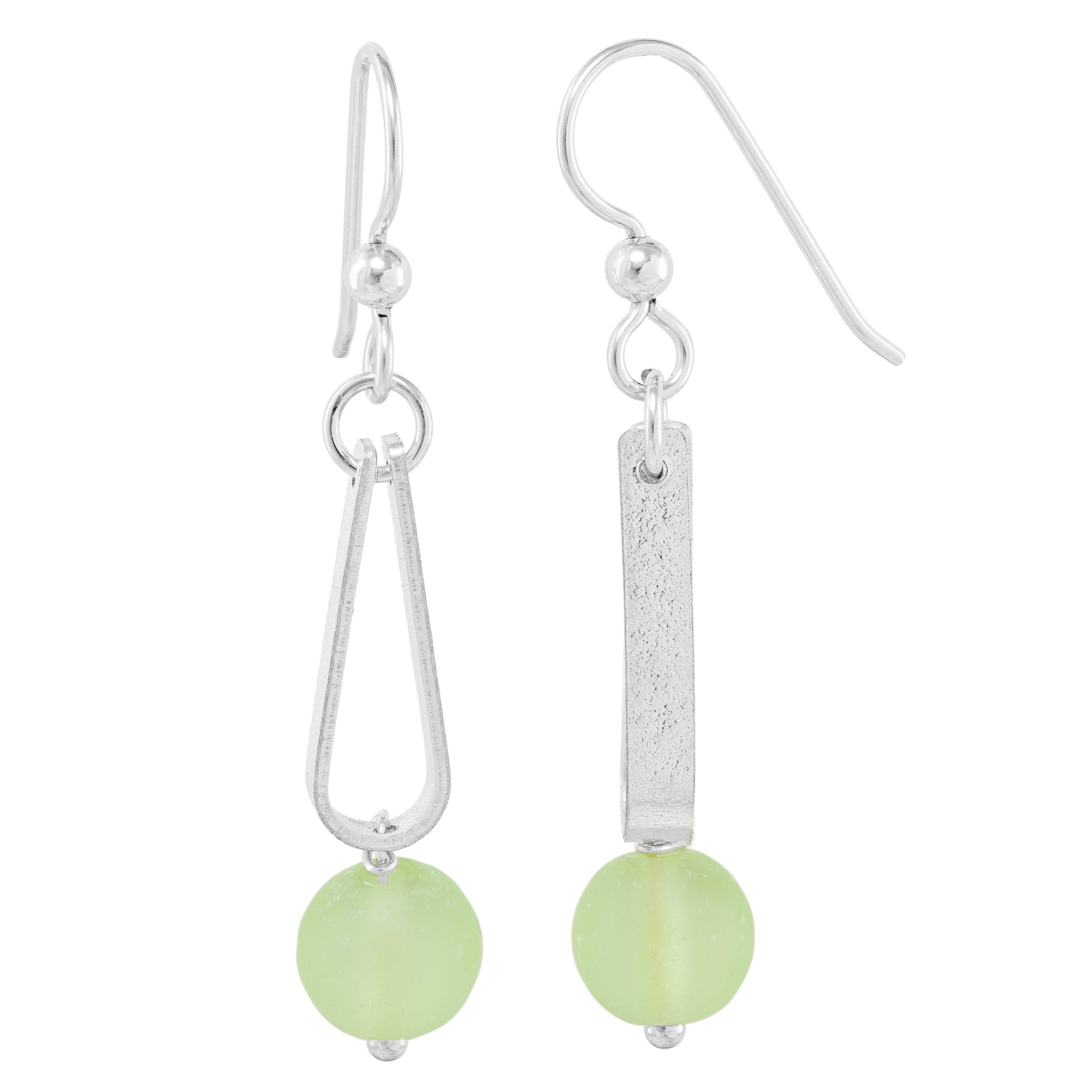 Light Pastel Sage Green Round Recycled Glass Ball and Sterling Silver Teardrop Shaped Dangle Earrings