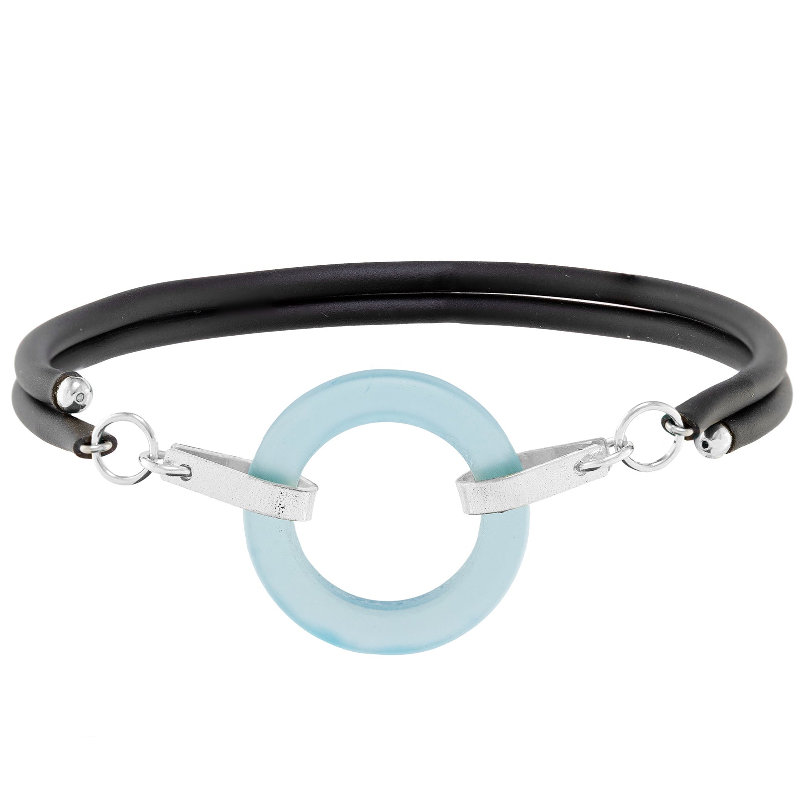 Light Baby Blue Recycled Glass Open Circle and Sterling Silver Strap Style Wrap Bracelet