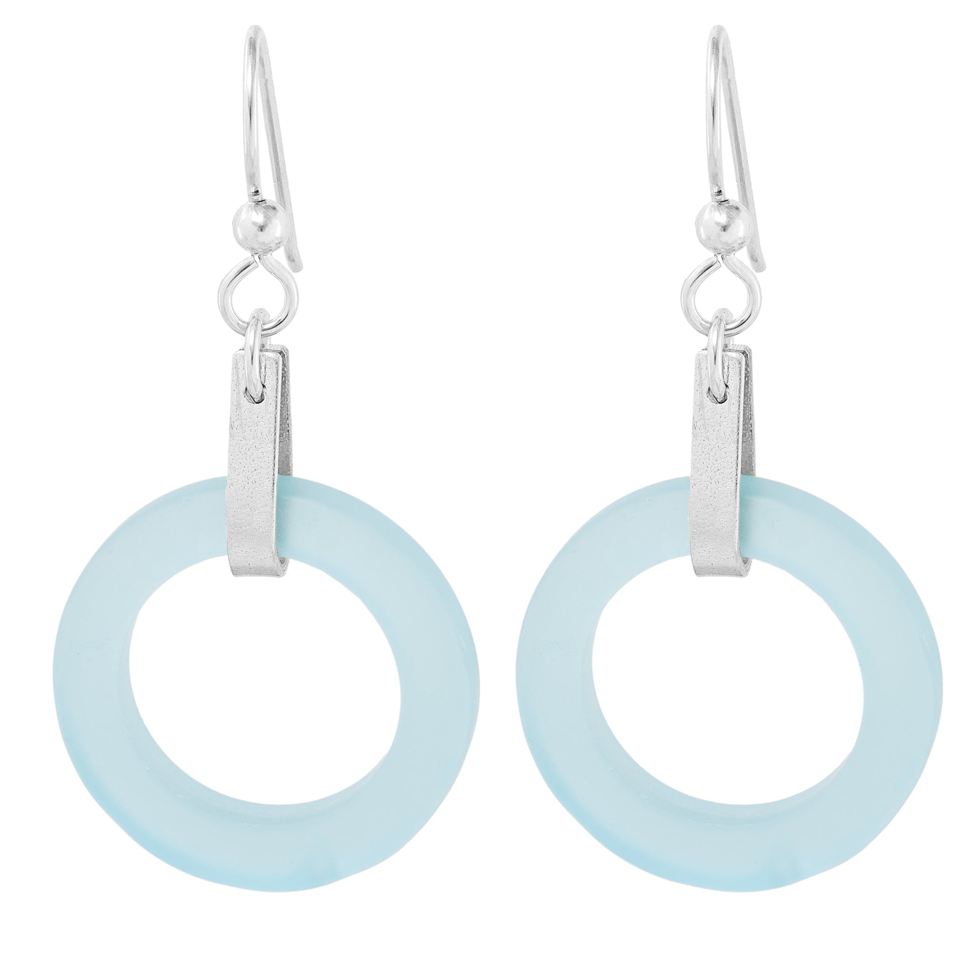 Light Baby Blue Round Recycled Glass Open Circle and Sterling Silver Strap Style Dangle Earrings