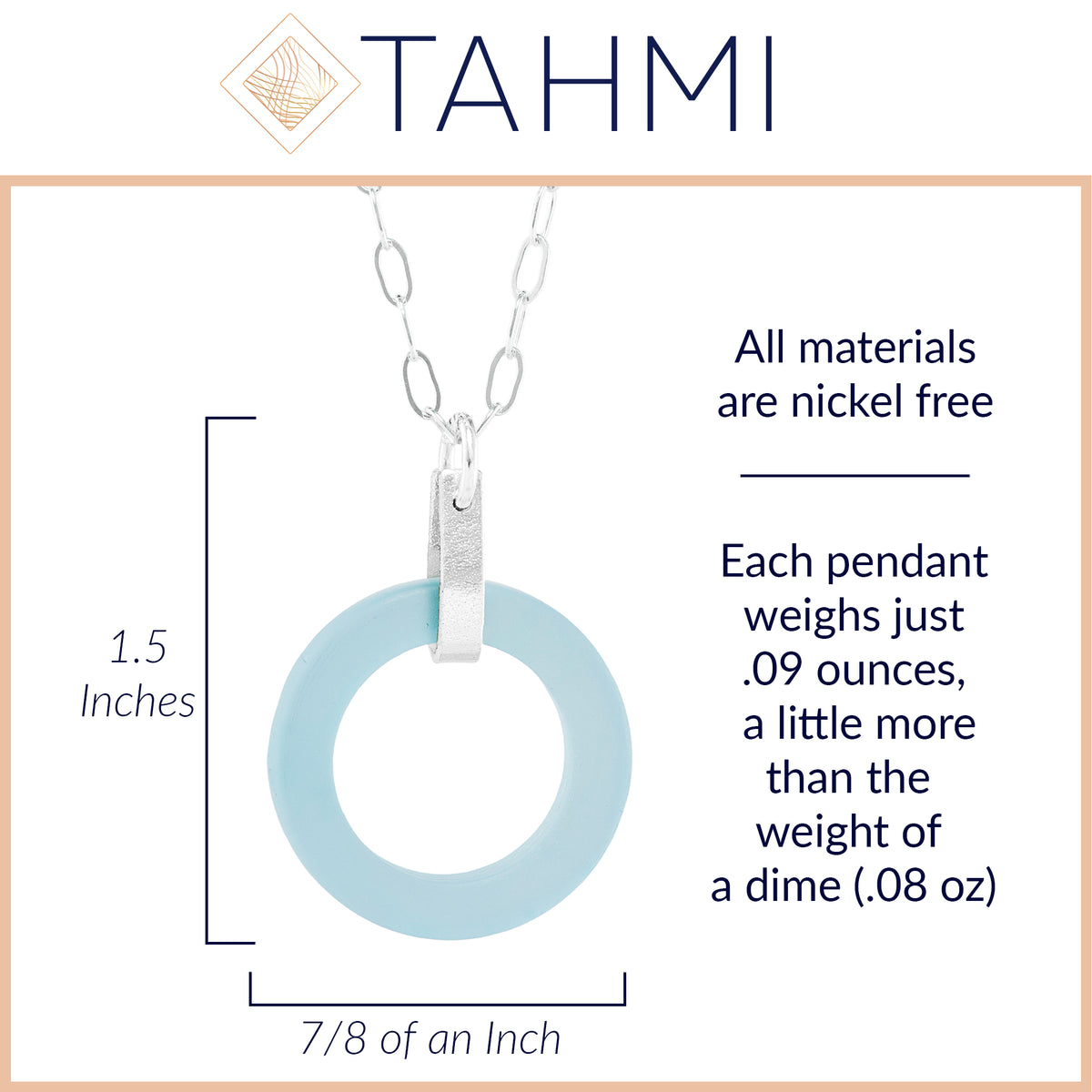 Light Baby Blue Round Recycled Glass Open Circle and Sterling Silver Strap Style Pendant Necklace