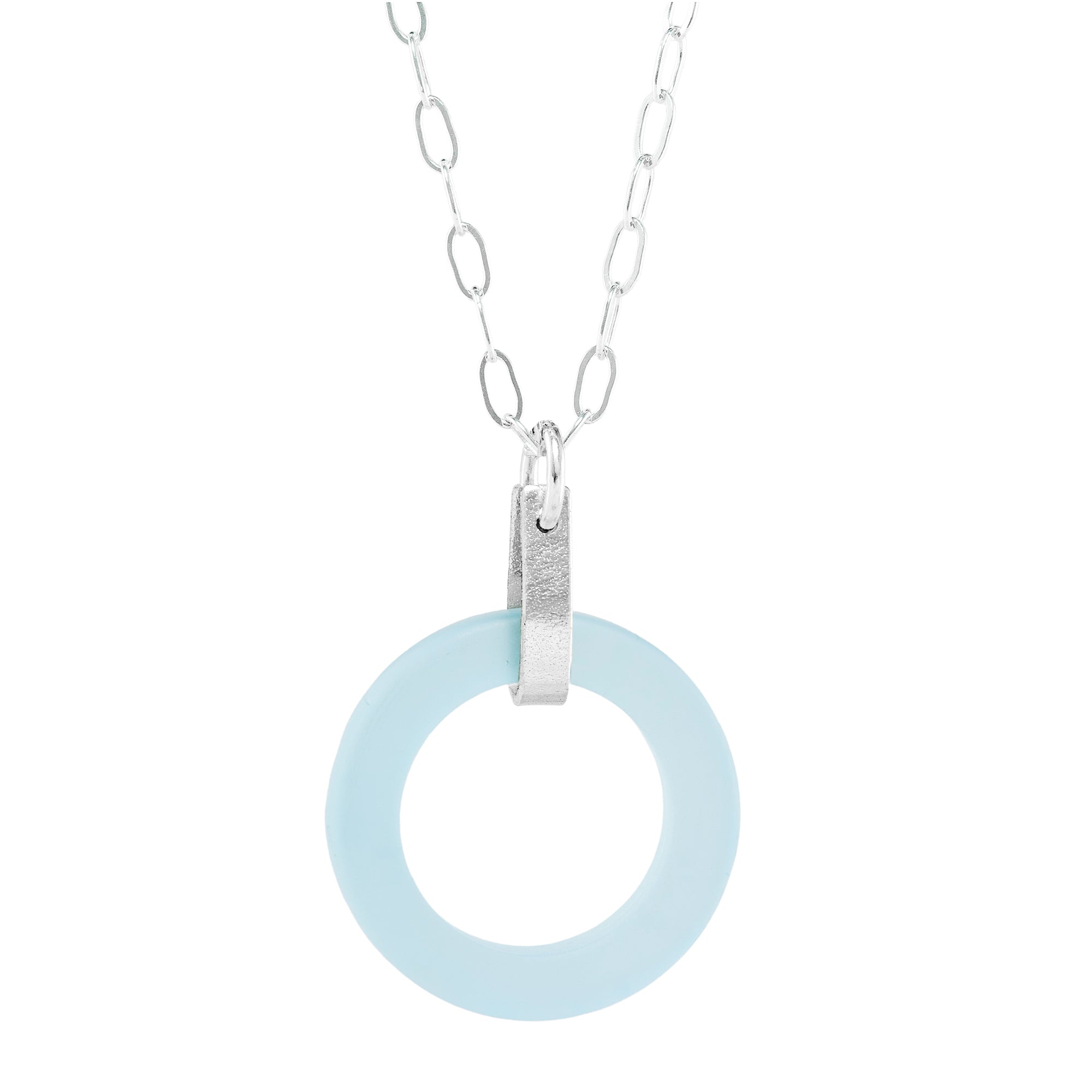 Light Baby Blue Round Recycled Glass Open Circle and Sterling Silver Strap Style Pendant Necklace