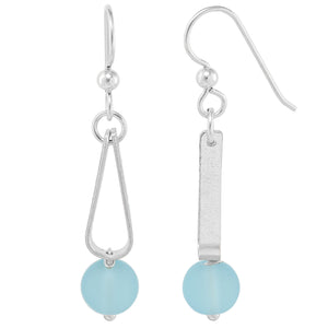 Light Baby Blue Round Recycled Glass Ball and Sterling Silver Teardrop Shaped Dangle Earrings