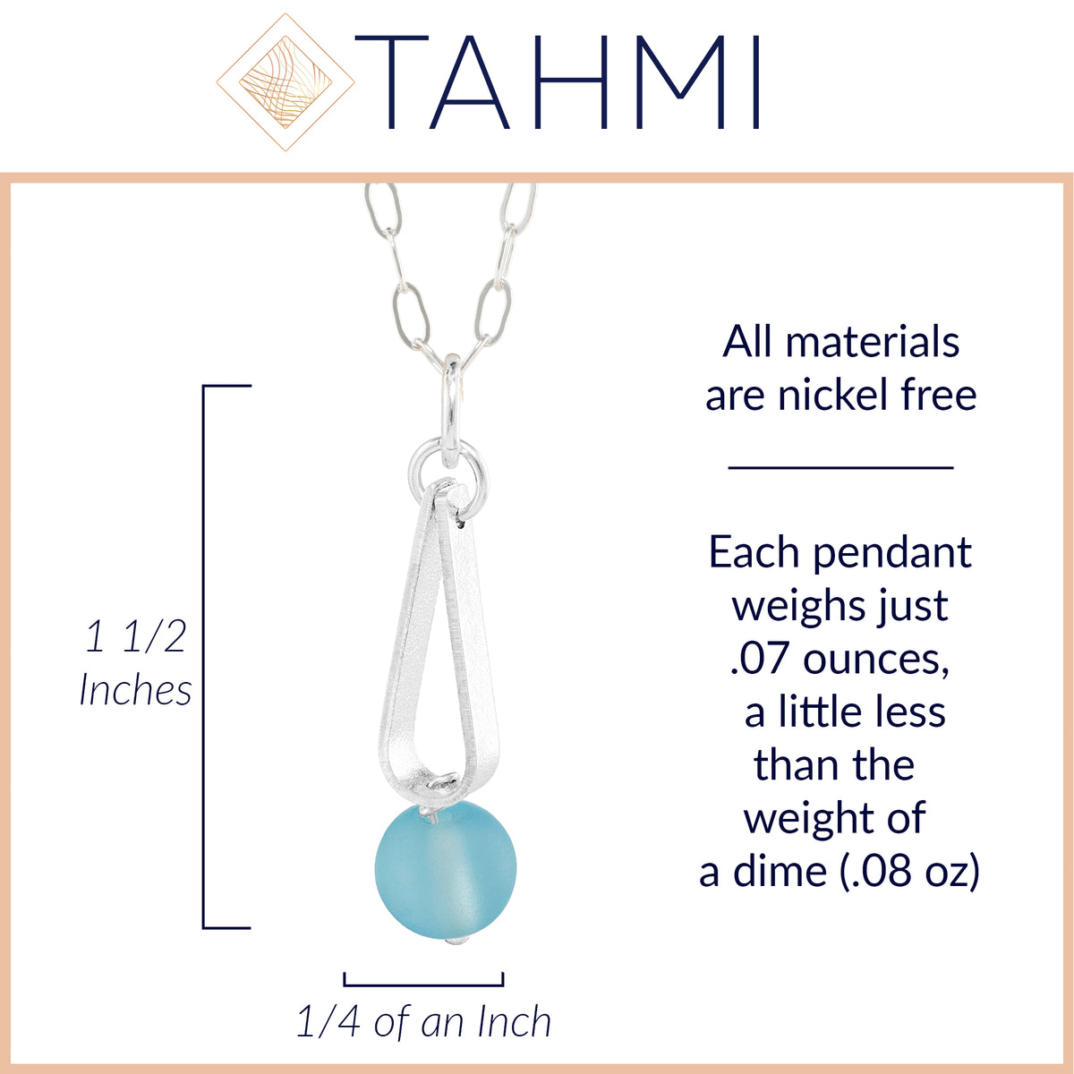 Light Baby Blue Round Recycled Glass Ball and Sterling Silver Teardrop Shaped Pendant Necklace