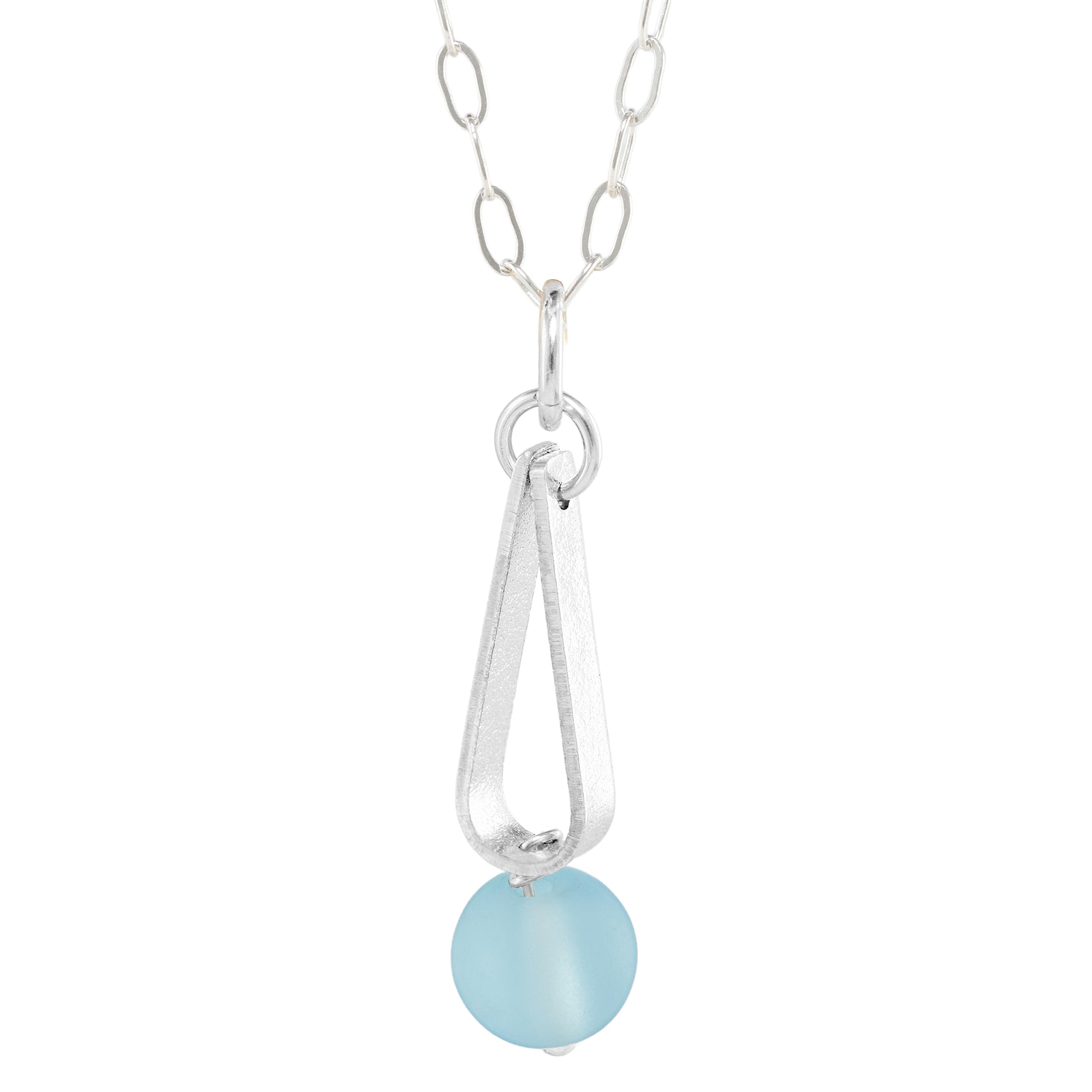 Light Baby Blue Round Recycled Glass Ball and Sterling Silver Teardrop Shaped Pendant Necklace