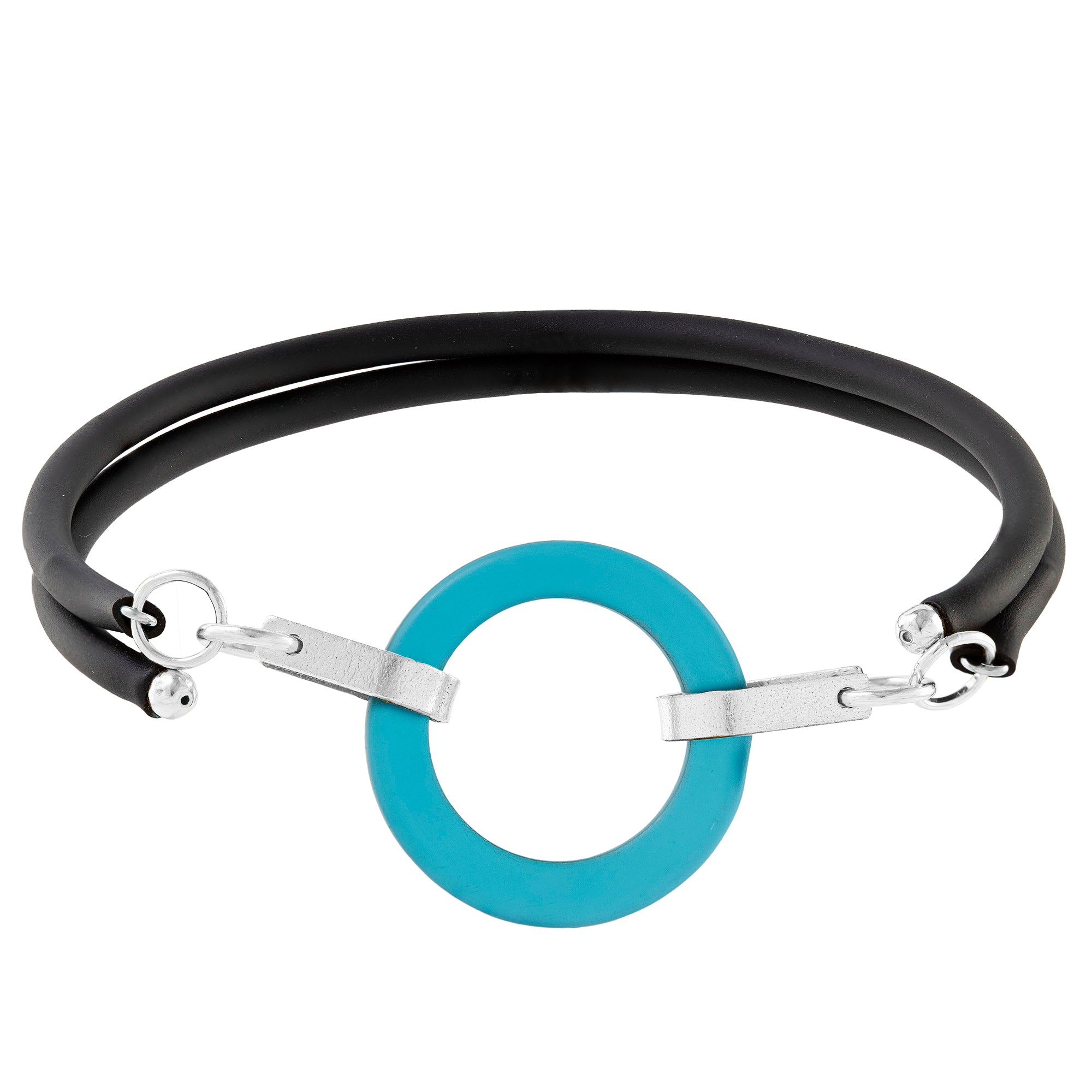 Teal Peacock Blue Recycled Glass Open Circle and Sterling Silver Strap Style Wrap Bracelet