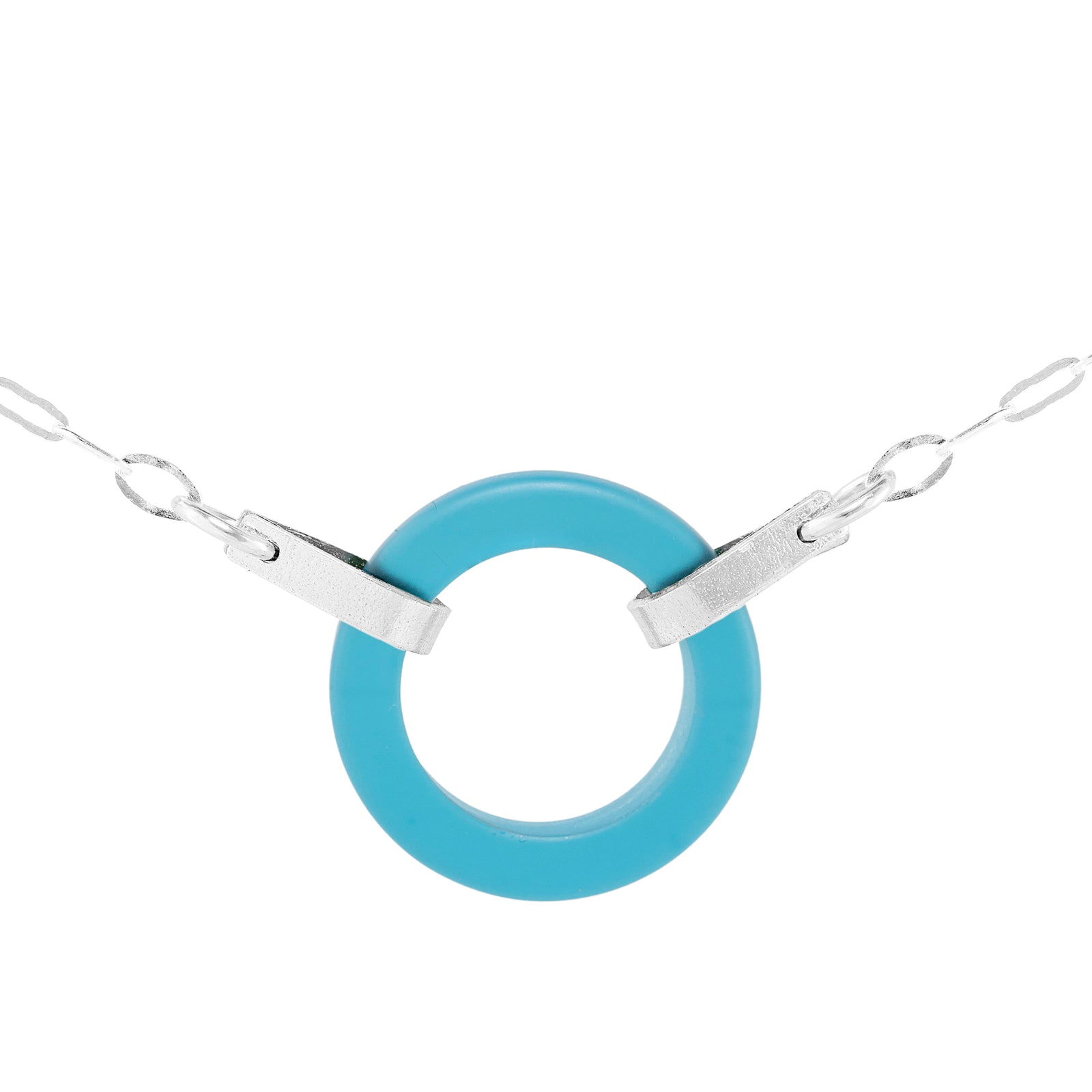 Teal Peacock Blue Recycled Glass Open Circle and Sterling Silver Style Necklace