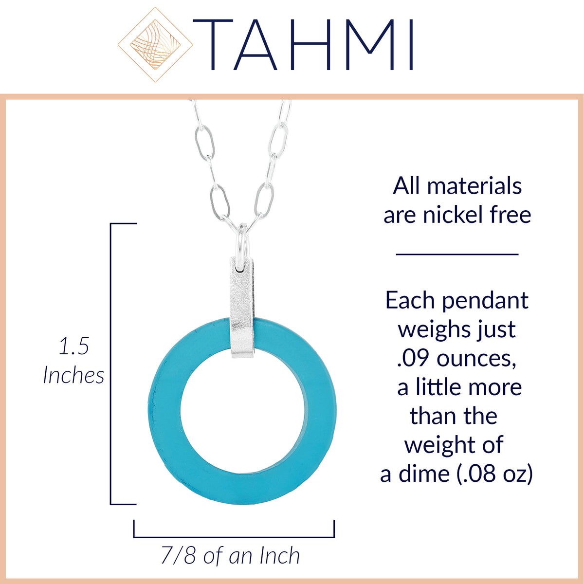 Teal Peacock Blue Round Recycled Glass Open Circle and Sterling Silver Strap Style Pendant Necklace