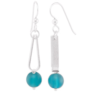 Teal Peacock Blue Round Recycled Glass Ball and Sterling Silver Teardrop Shaped Dangle Earrings