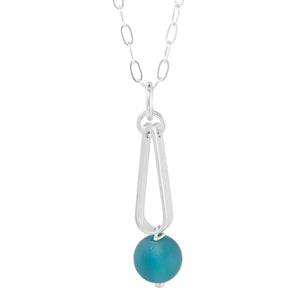 Teal Peacock Blue Round Recycled Glass Ball and Sterling Silver Teardrop Shaped Pendant Necklace
