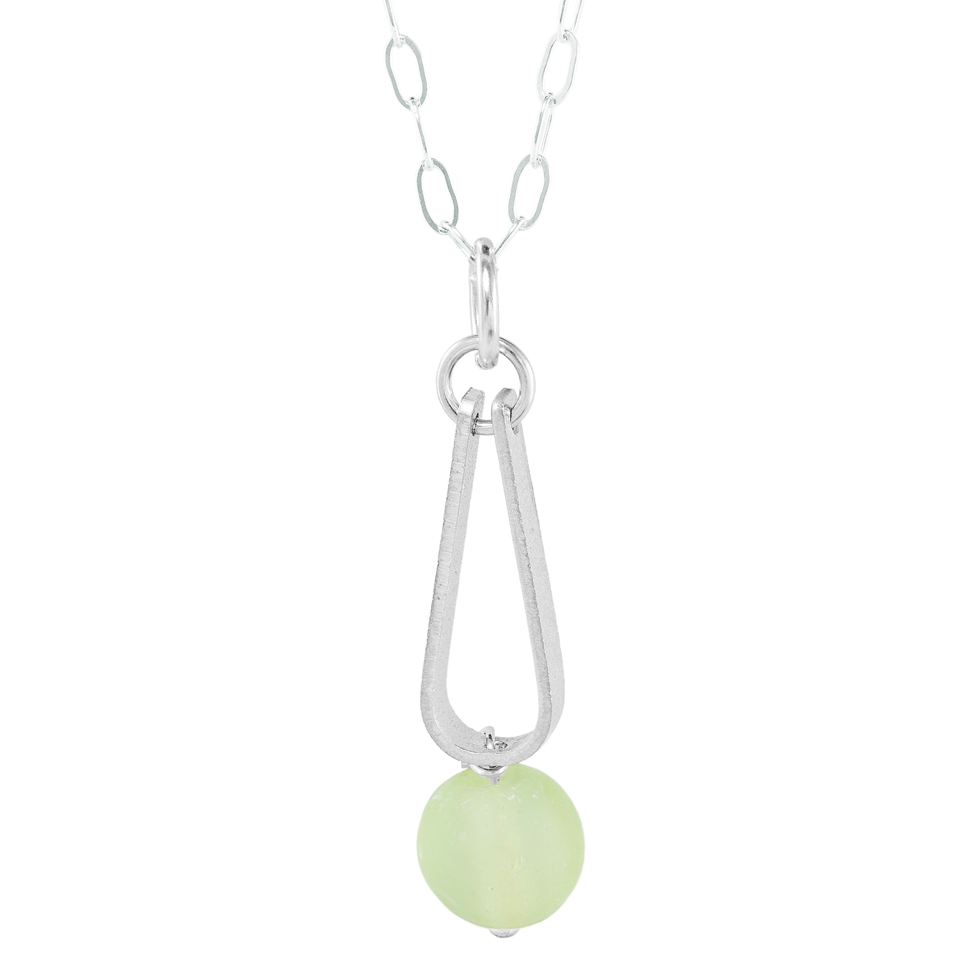 Light Pastel Sage Green Round Recycled Glass Ball and Sterling Silver Teardrop Shaped Pendant Necklace