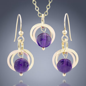 Dark Purple Genuine 8MM Amethyst Gemstone Earring and Necklace Set in 14K Yellow and Rose Gold Fill