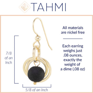 Matte Black Round Recycled Glass Ball Dangle Earrings in 14K Yellow Gold Fill