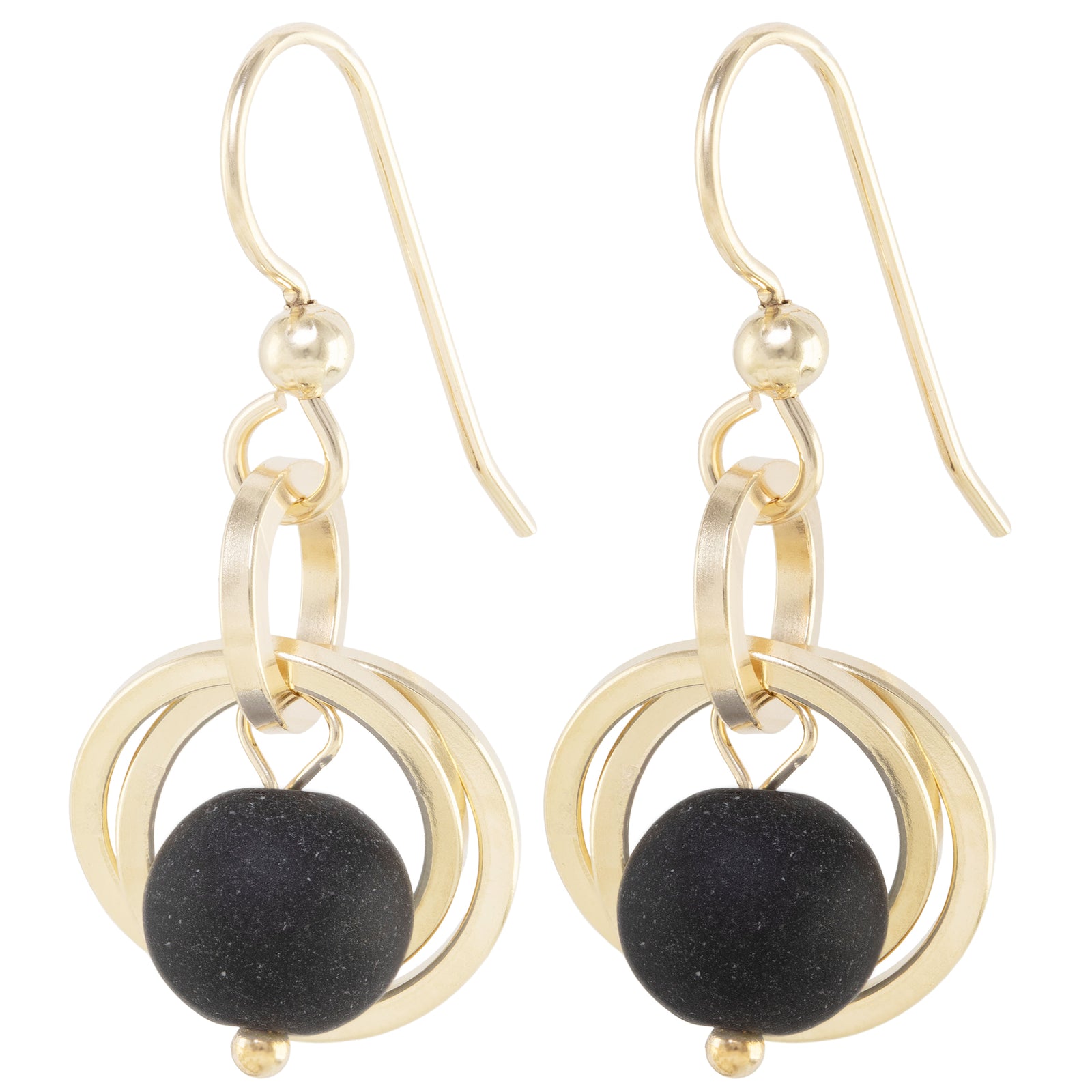 Matte Black Round Recycled Glass Ball Dangle Earrings in 14K Yellow Gold Fill