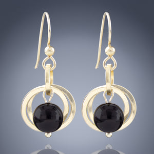 Handcrafted Black Onyx Genuine Gemstone Dangle Earrings in 14K Yellow Gold Fill
