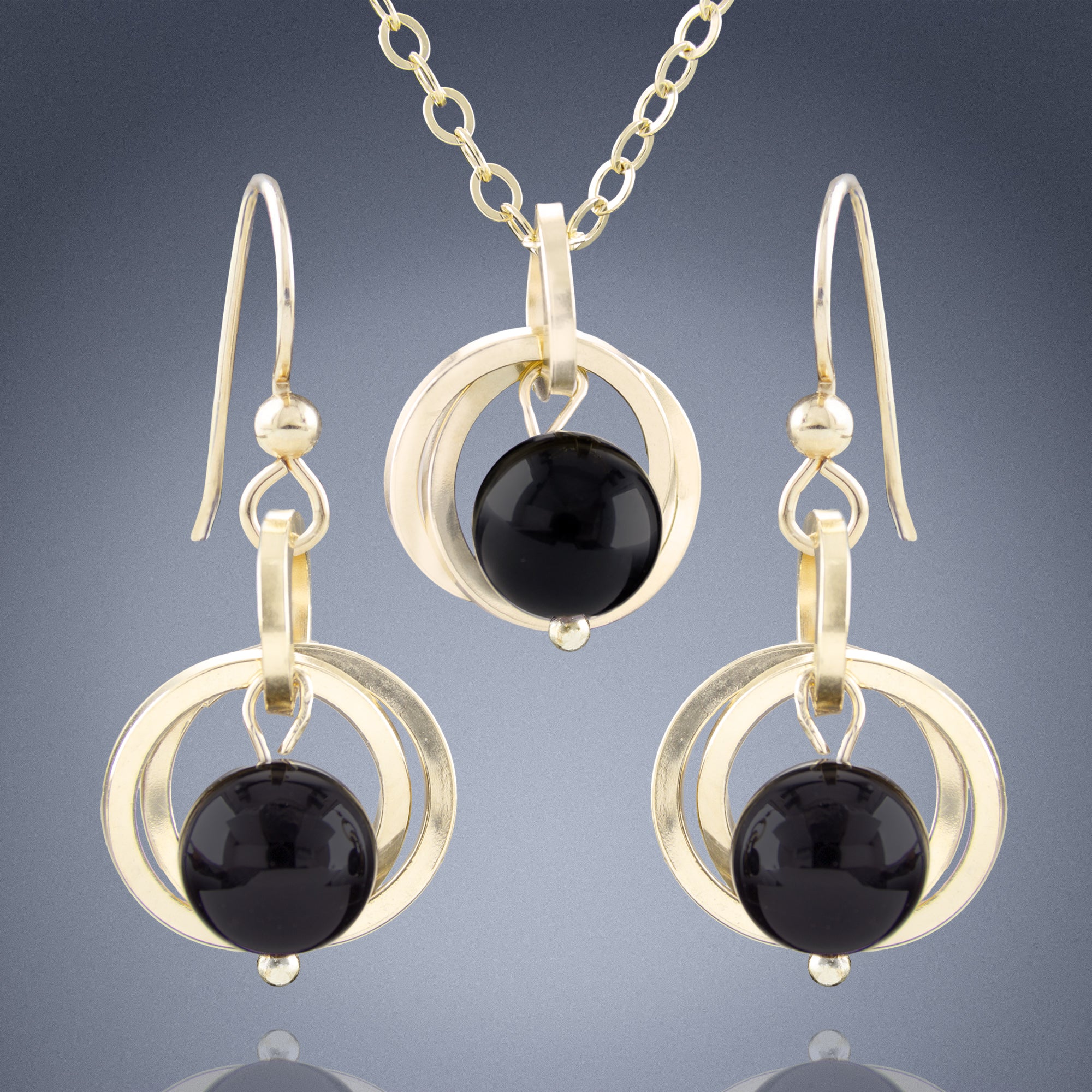 Black Onyx Gemstone Jewelry Gift Set with Dangle Earrings and Pendant Necklace in 14K Gold Fill