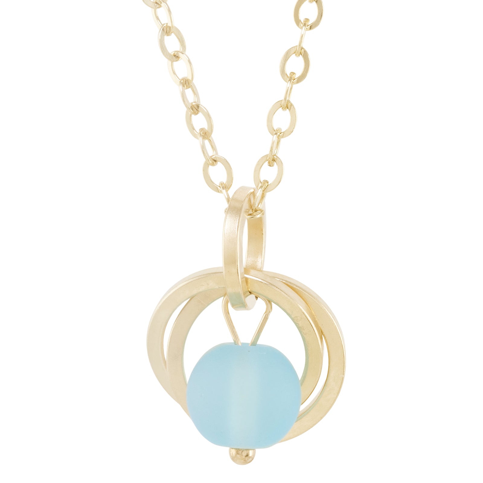 Light Baby Blue Round Recycled Glass Ball Simple Pendant Necklace in 14K Yellow Gold Fill