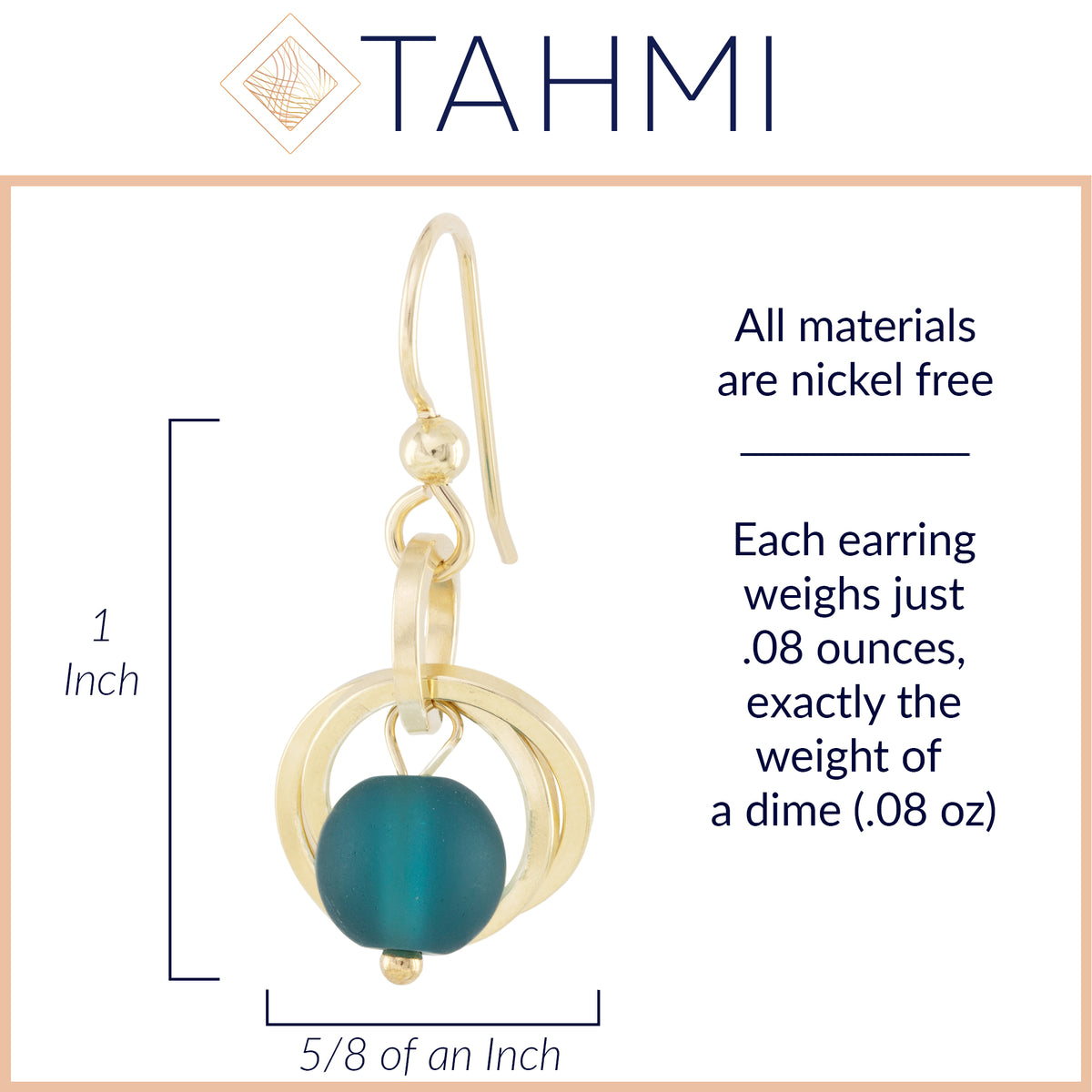 Teal Peacock Blue Round Recycled Glass Ball Dangle Earrings in 14K Yellow Gold Fill