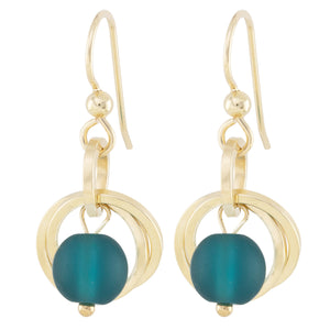 Teal Peacock Blue Round Recycled Glass Ball Dangle Earrings in 14K Yellow Gold Fill
