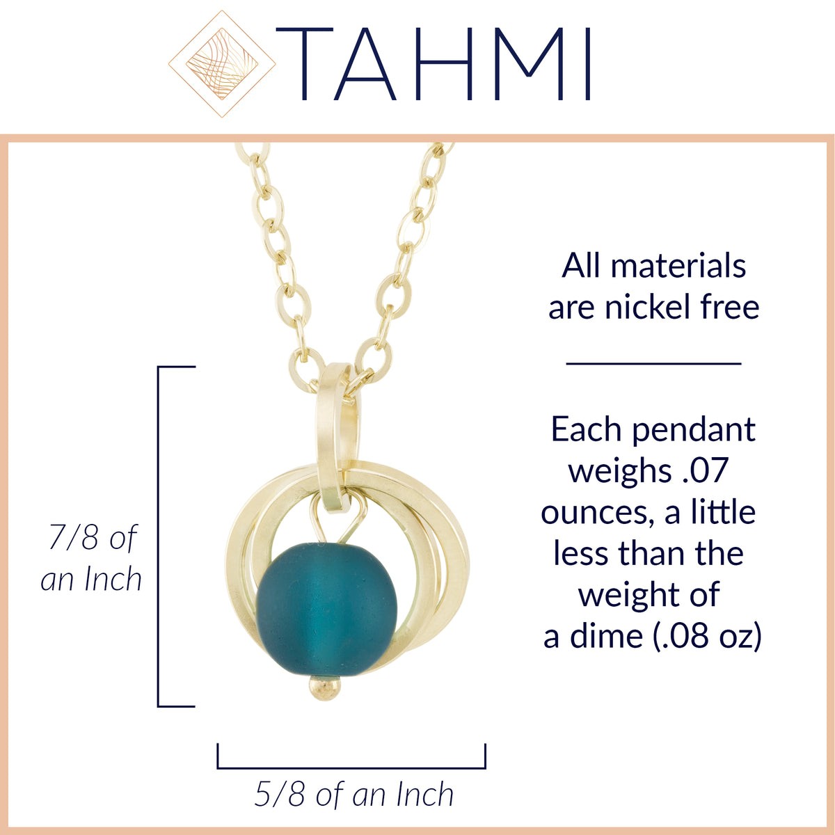 Teal Peacock Blue Round Recycled Glass Ball Simple Pendant Necklace in 14K Yellow Gold Fill