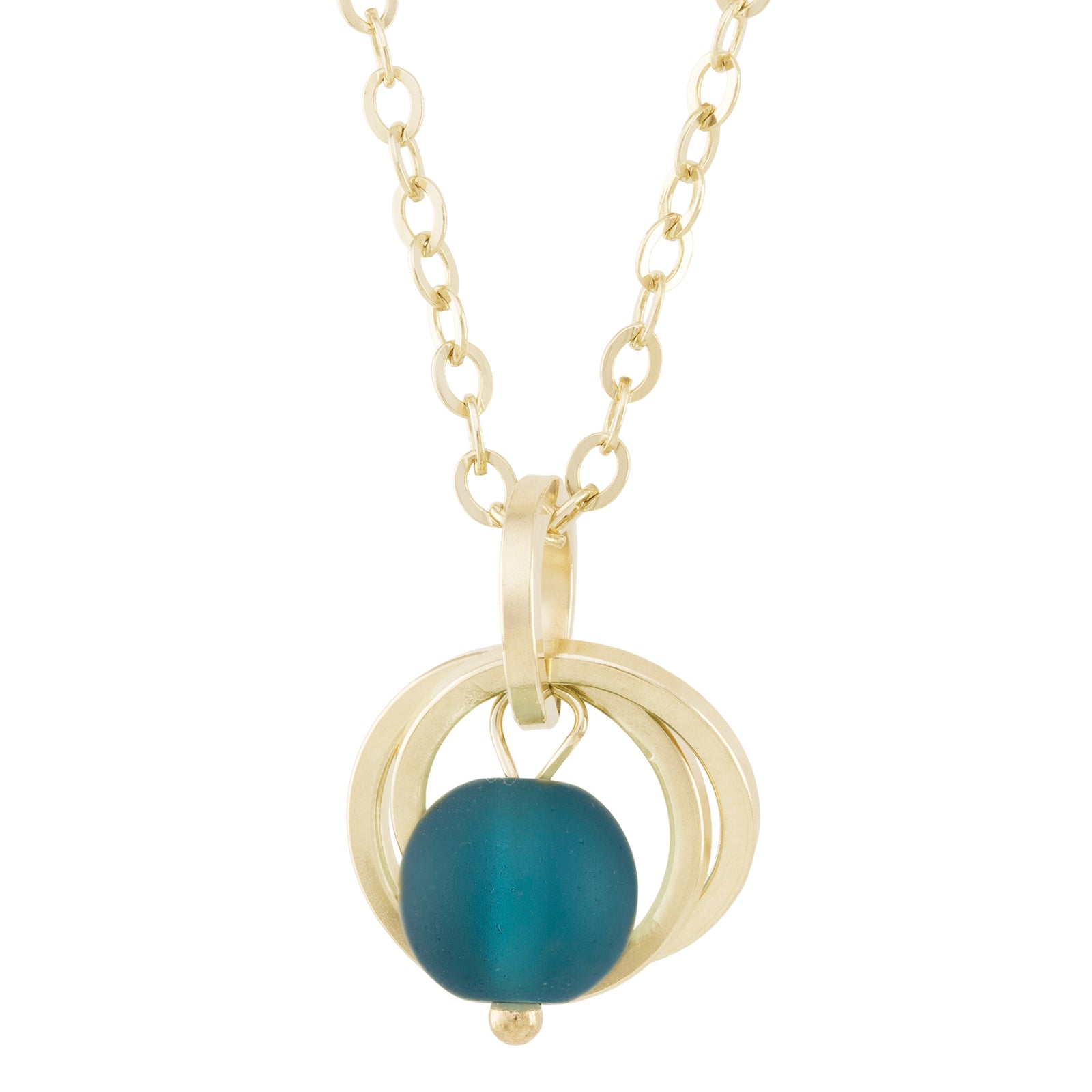 Teal Peacock Blue Round Recycled Glass Ball Simple Pendant Necklace in 14K Yellow Gold Fill