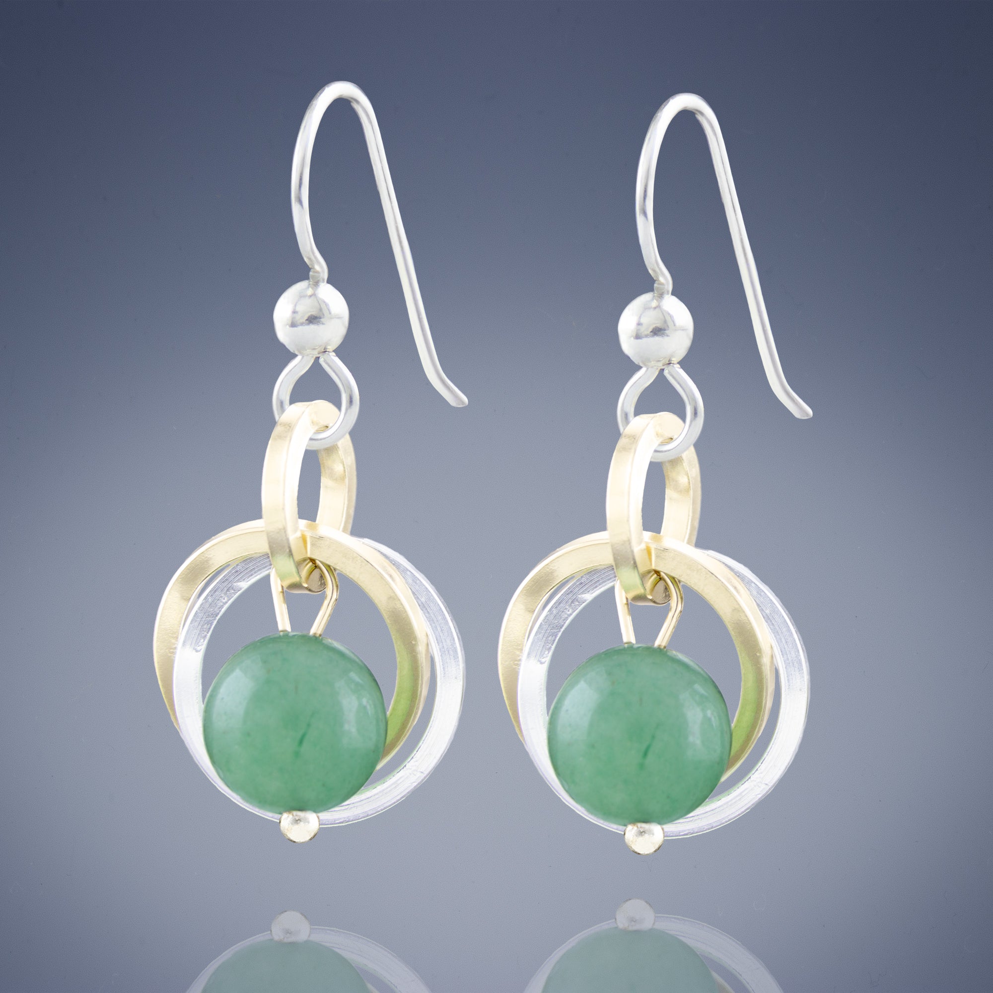 Light Green Aventurine Genuine Gemstone Two Tone Dangle Earrings in Sterling Silver and 14K Gold Fill