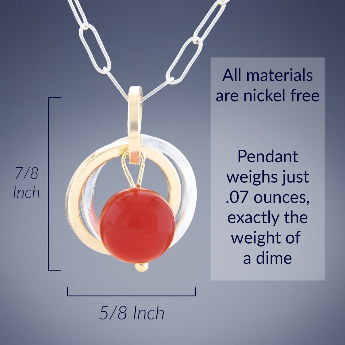 Two Tone Carnelian Gemstone Pendant Necklace in Sterling Silver and 14K Gold Fill