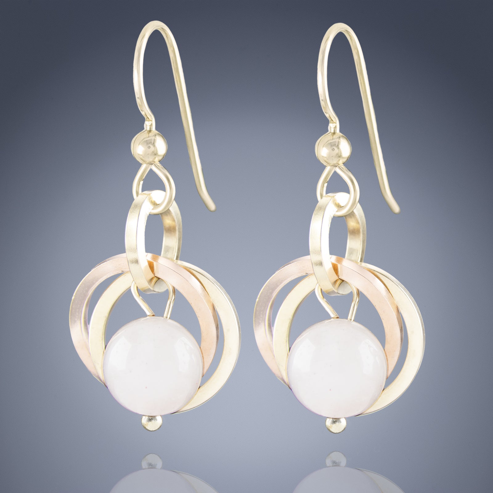 Light Pink Rose Quartz Gold Dangle Earrings - 14K Yellow & Rose Gold Fill