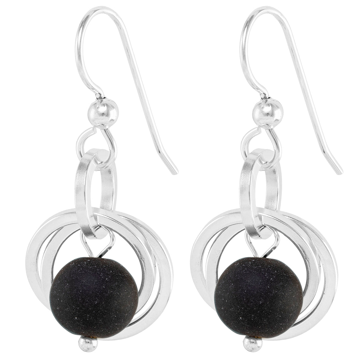 Matte Black Recycled Glass Ball Dangle Earrings in Argentium Sterling Silver