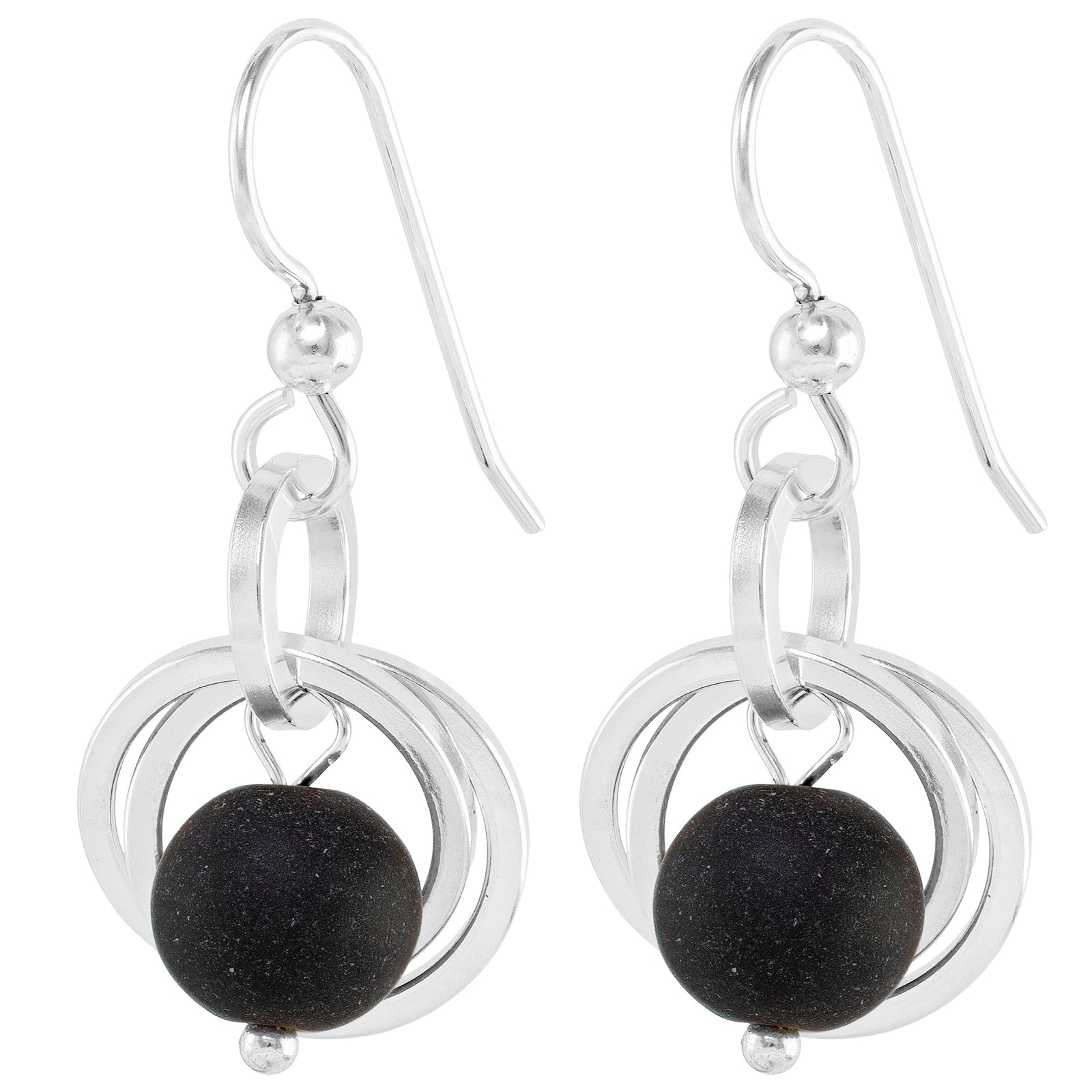 Matte Black Recycled Glass Ball Dangle Earrings in Argentium Sterling Silver