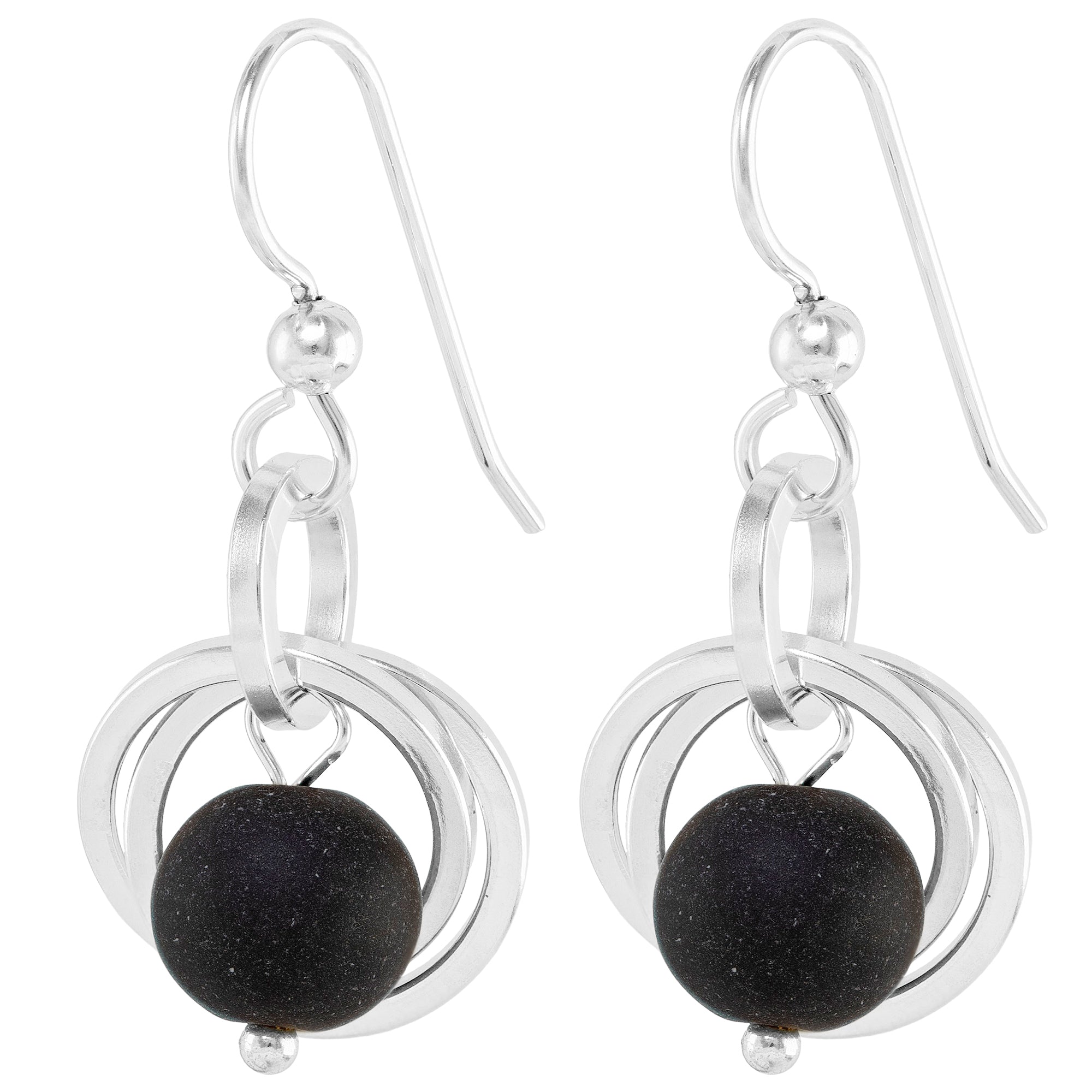 Matte Black Recycled Glass Ball Dangle Earrings in Argentium Sterling Silver
