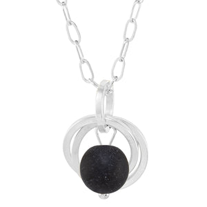 Matte Black Round Recycled Glass Ball with Sterling Silver Circles Pendant Necklace