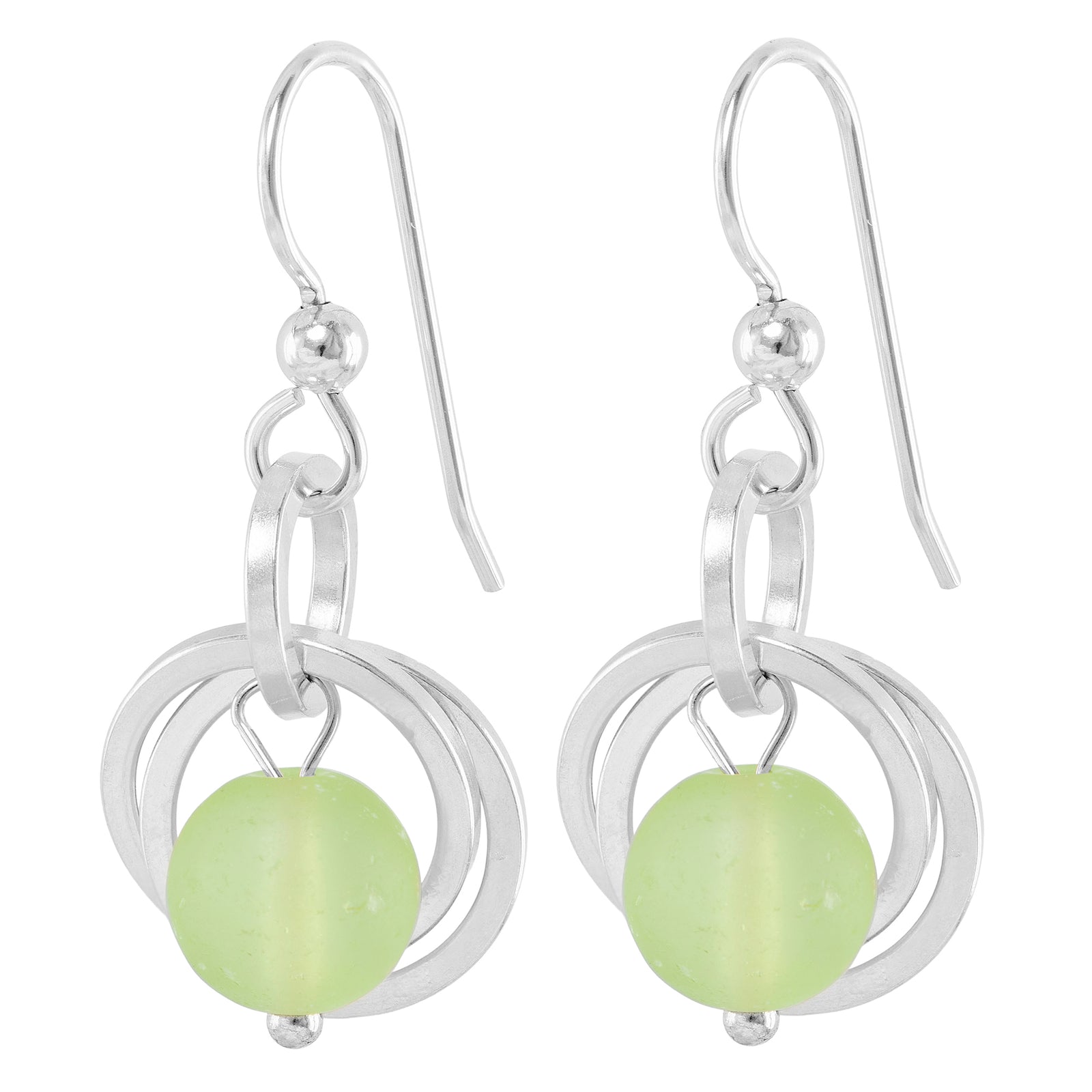 Light Pastel Sage Green Recycled Glass Ball Dangle Earrings in Argentium Sterling Silver