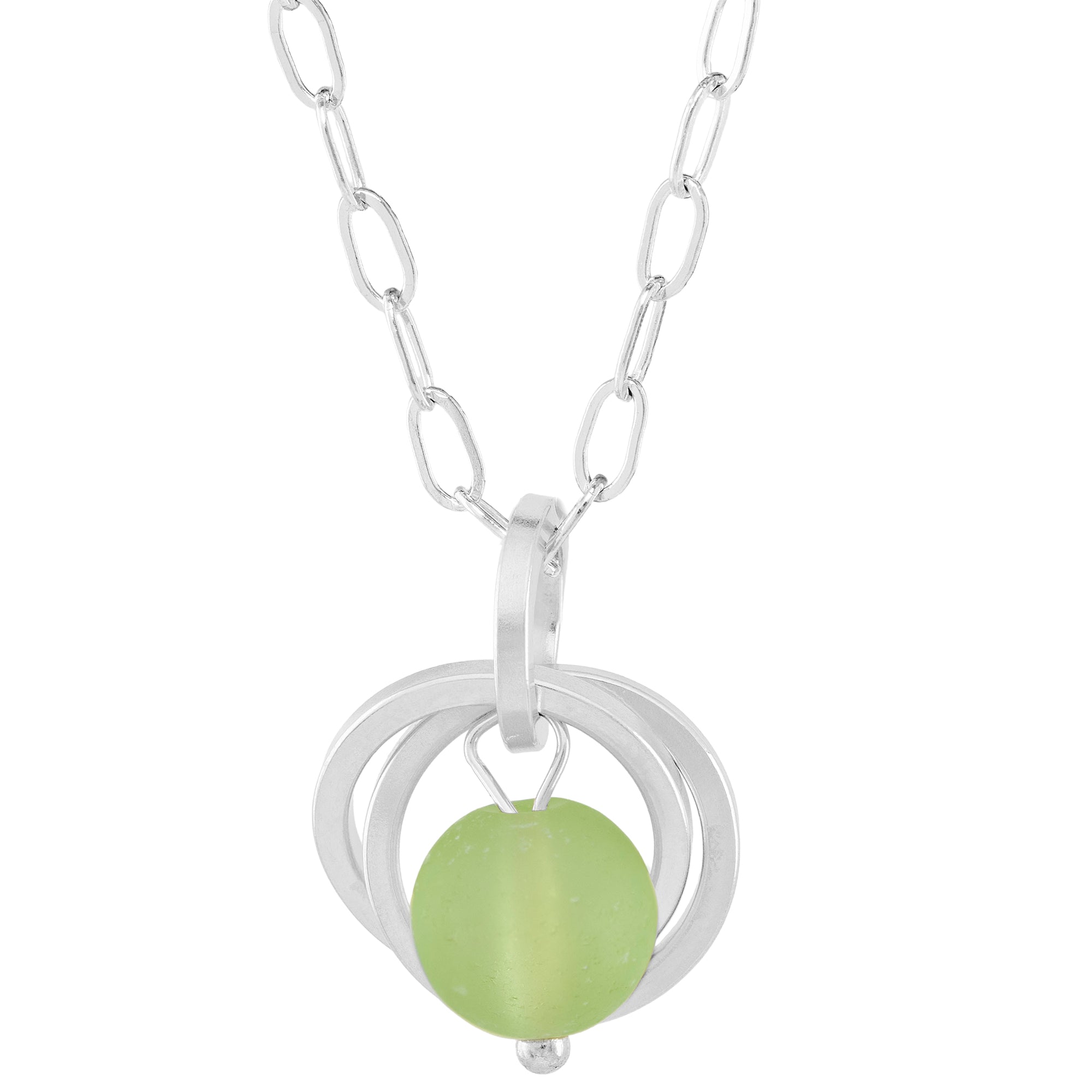 Light Pastel Sage Green Round Recycled Glass Ball with Sterling Silver Circles Pendant Necklace