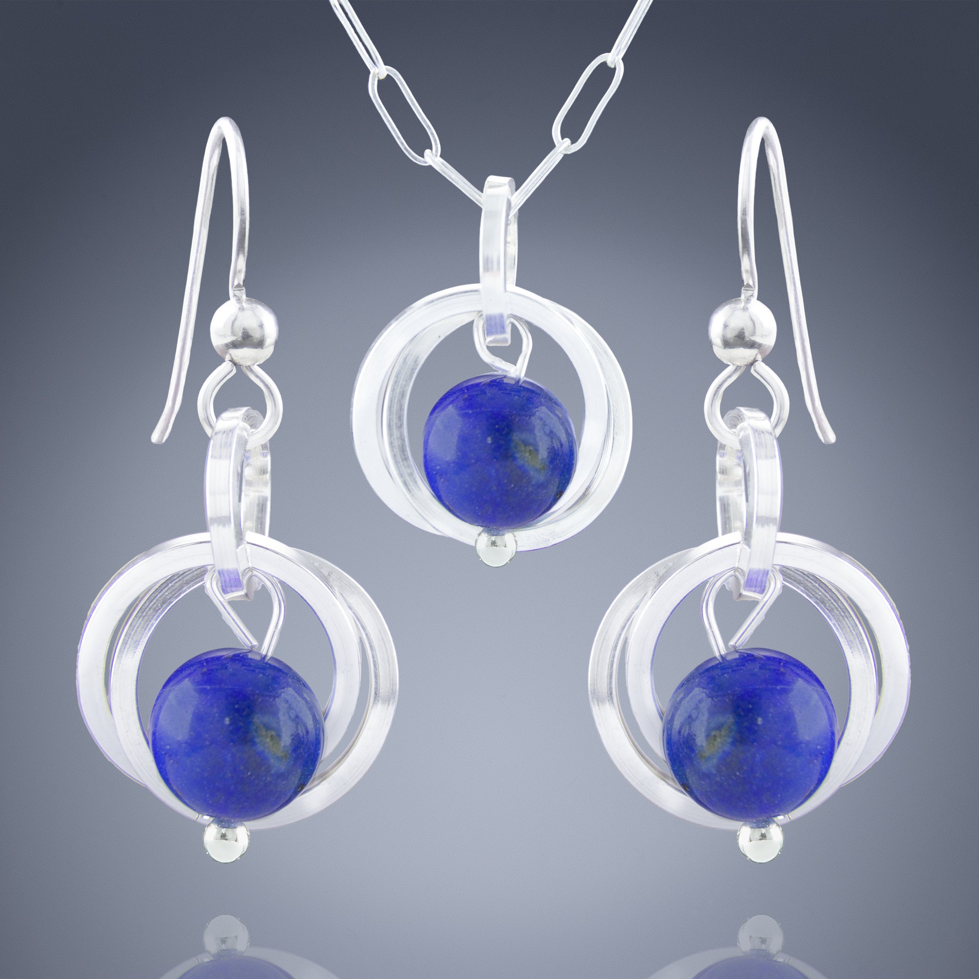 Royal Blue Lapis Lazuli Real Gemstone Simple Earring and Necklace Set in Argentium Sterling Silver
