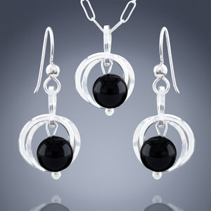 Handcrafted Black Onyx Genuine Gemstone Earring and Pendant Set in Argentium Sterling Silver