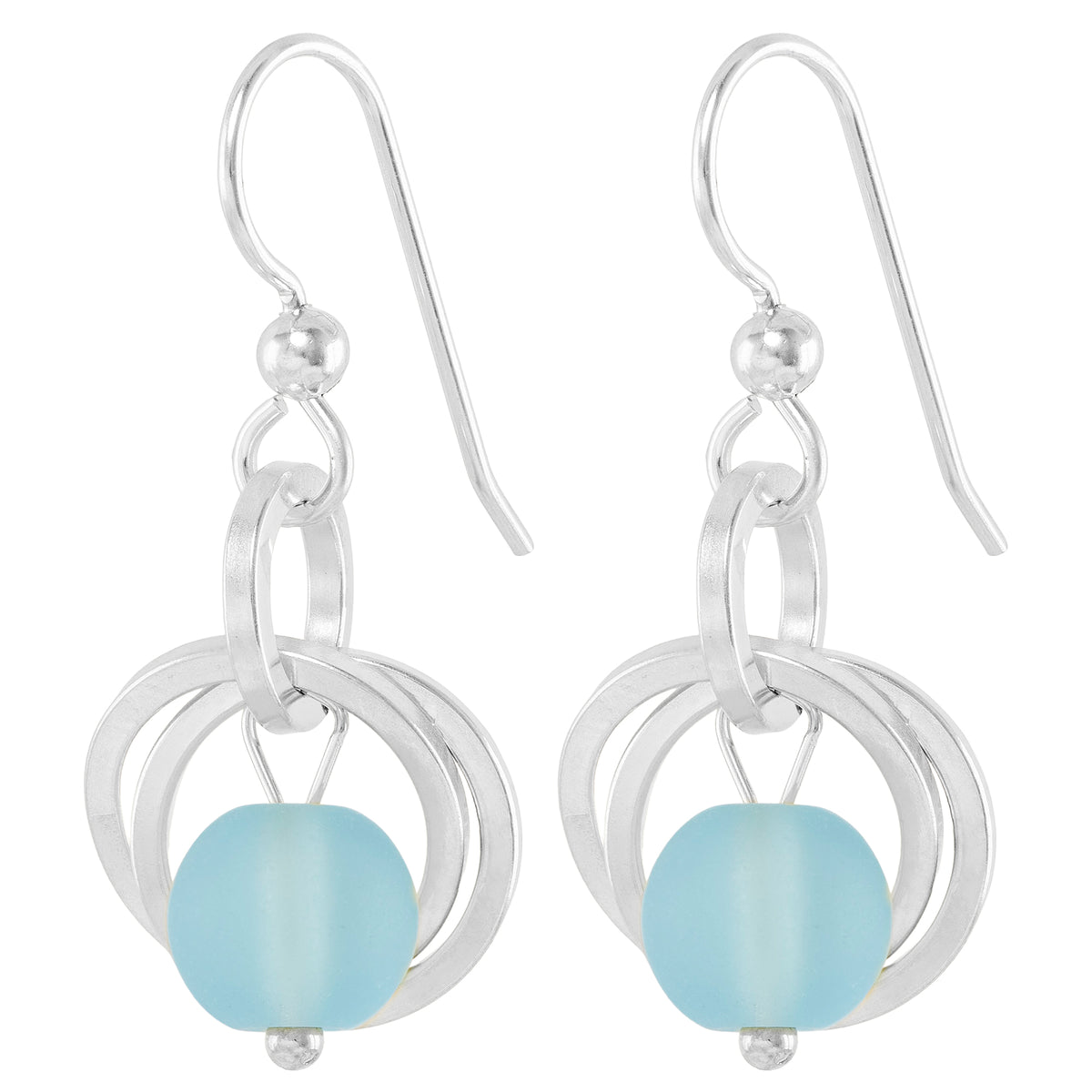 Light Baby Blue Recycled Glass Ball Dangle Earrings in Argentium Sterling Silver