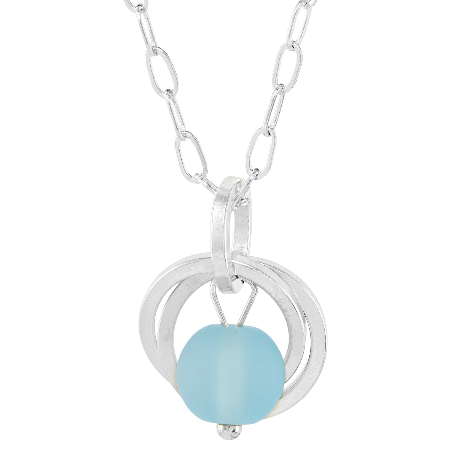 Light Baby Blue Round Recycled Glass Ball with Sterling Silver Circles Pendant Necklace