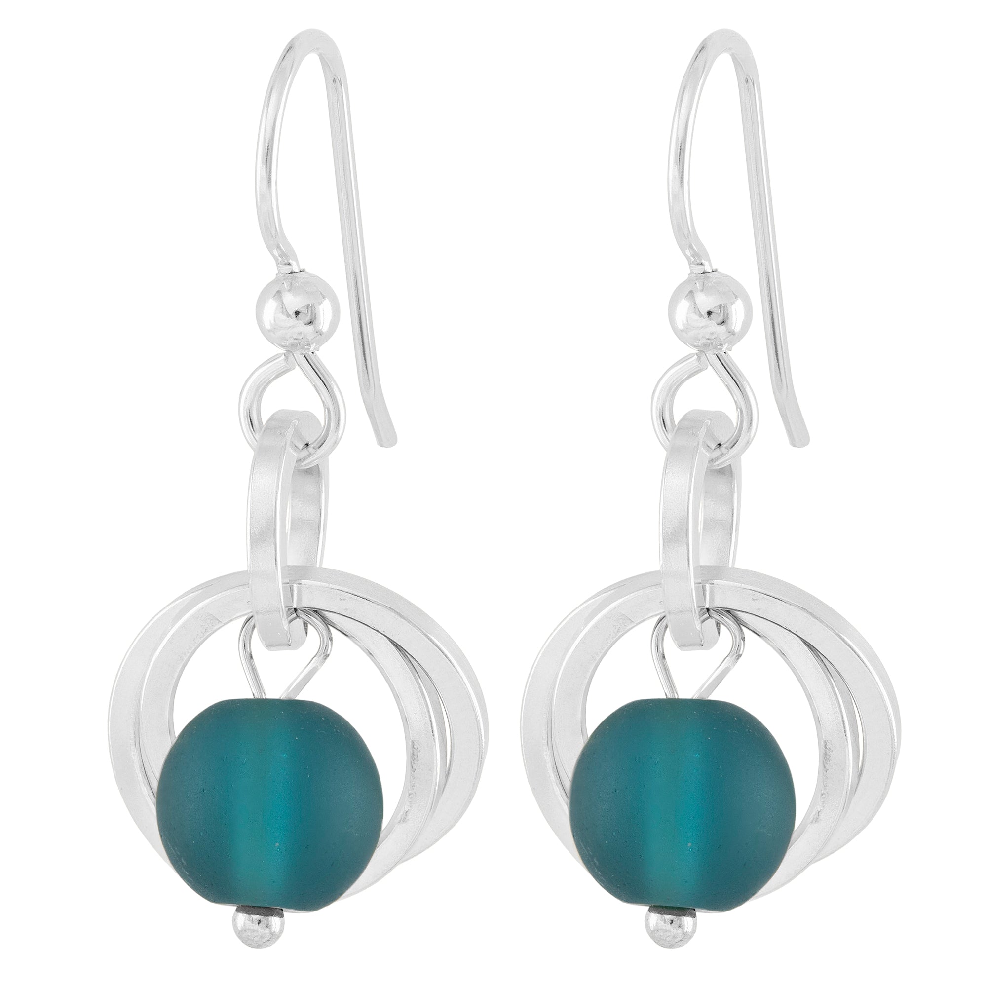 Teal Peacock Blue Recycled Glass Ball Dangle Earrings in Argentium Sterling Silver