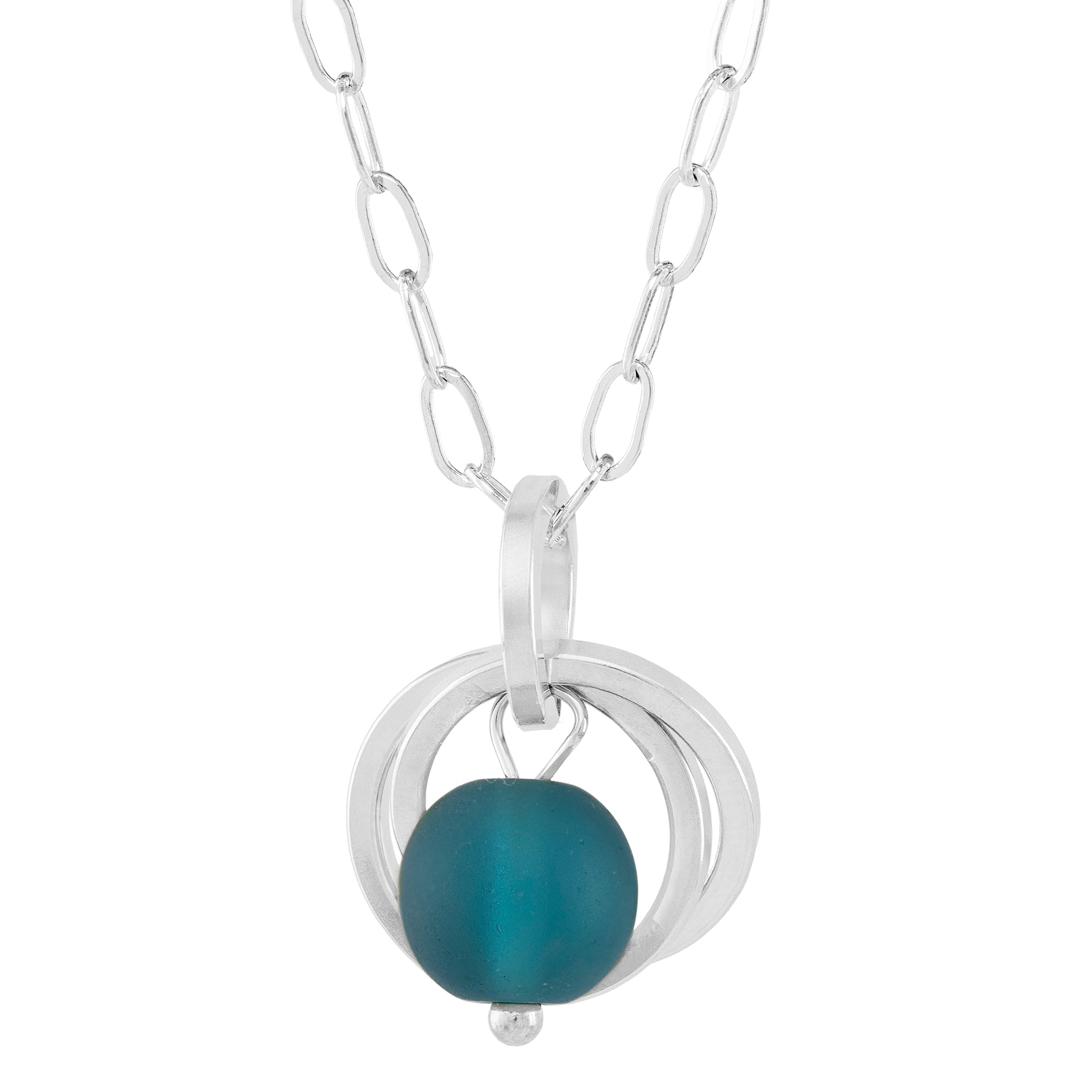 Teal Peacock Blue Round Recycled Glass Ball with Sterling Silver Circles Pendant Necklace