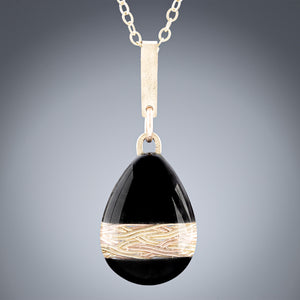 Handwoven Gold and Black Enamel Teardrop Pendant Necklace in both 14K Yellow and Rose Gold Fill