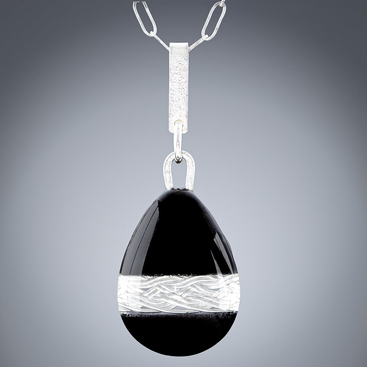 Handwoven Silver & Black Enamel Teardrop Pendant Necklace - Large