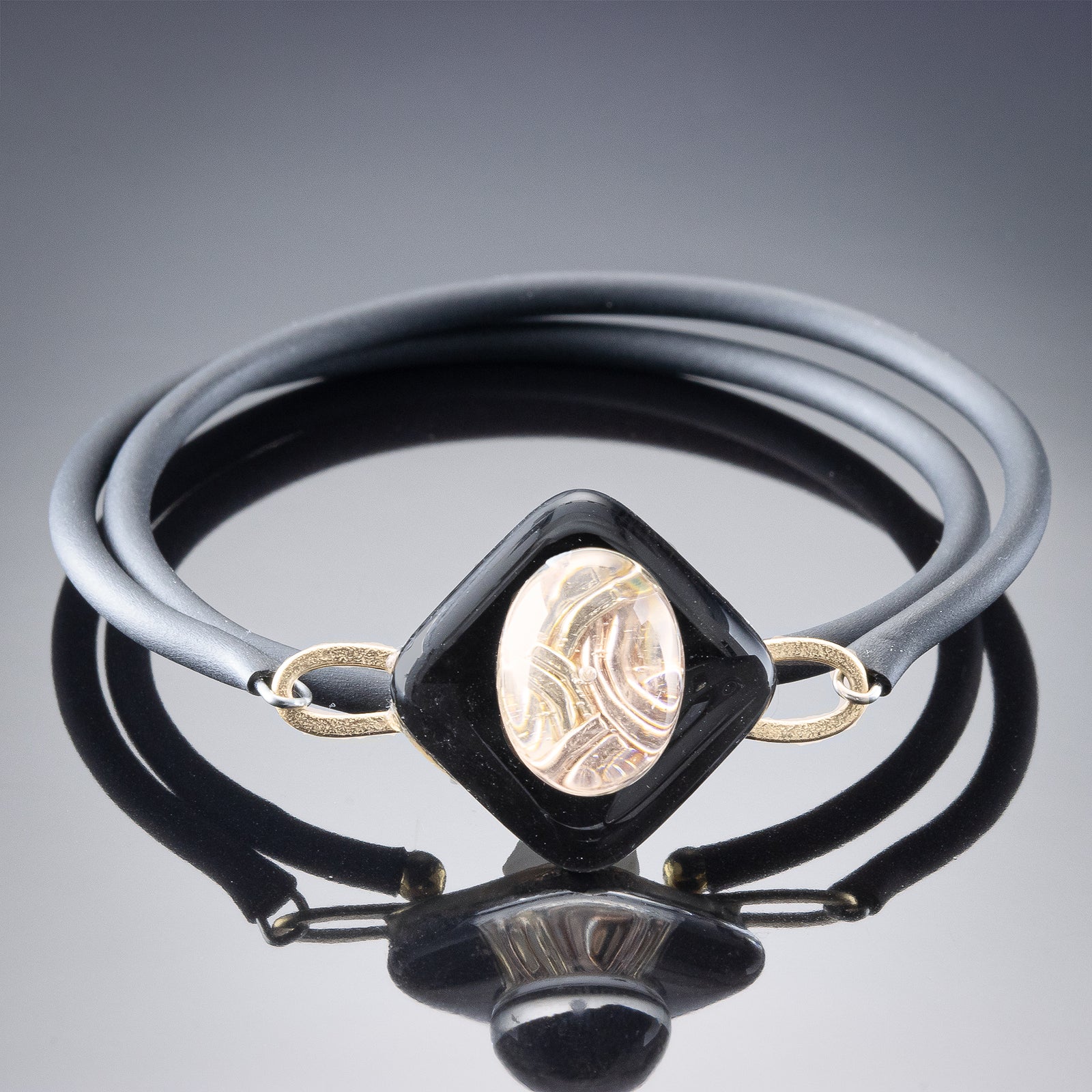 Handwoven Black Enamel & Gold Wire Glass Wrap Bracelet in 14K Gold Fill