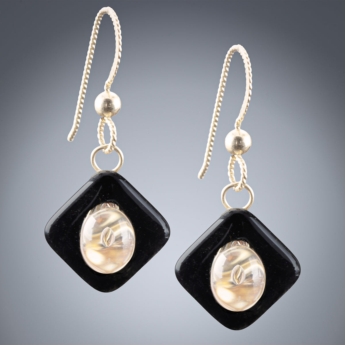 Gold & Black Enamel Diamond Shape Dangle Earrings in 14K Gold Fill