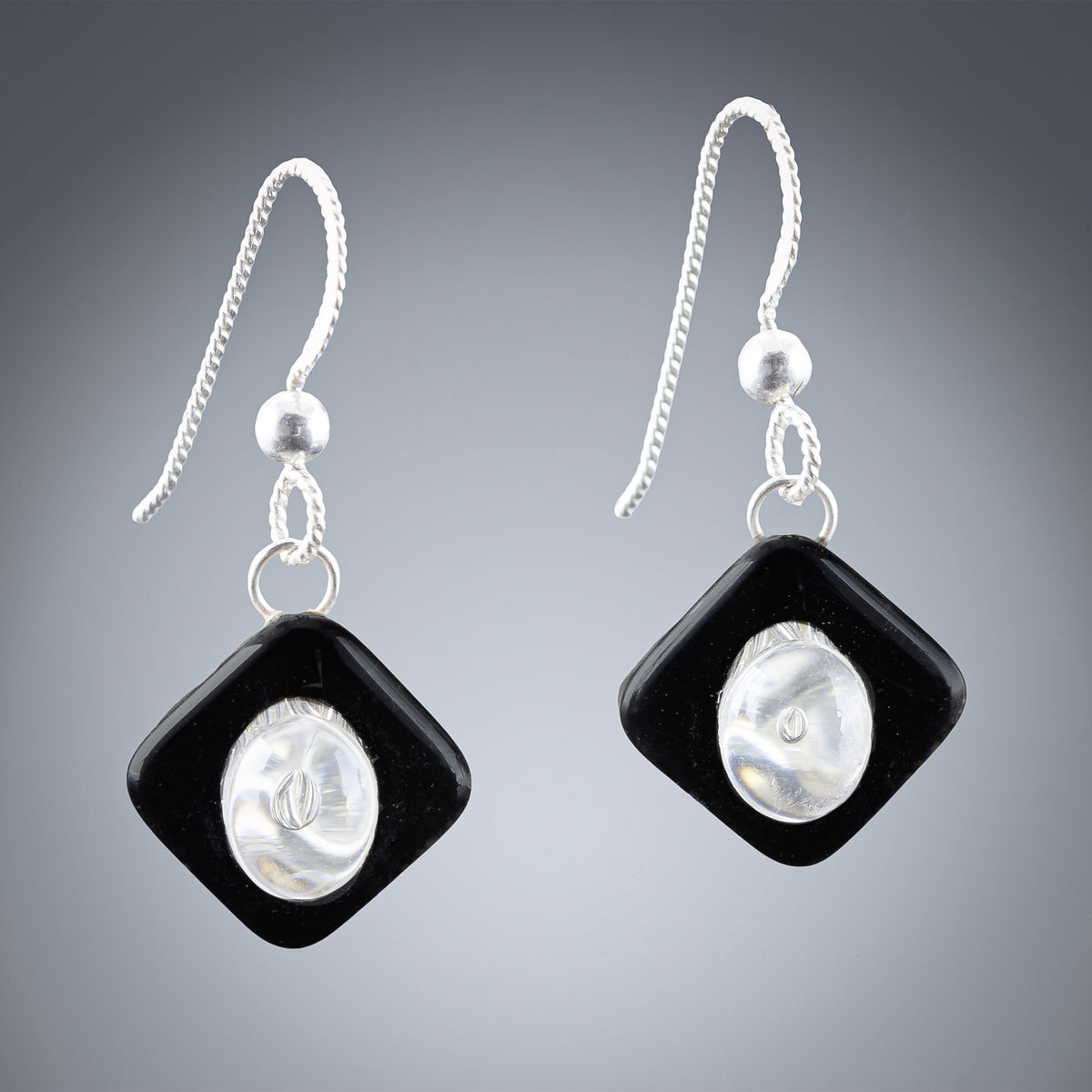 Handwoven Silver & Black Enamel Earrings with Glass