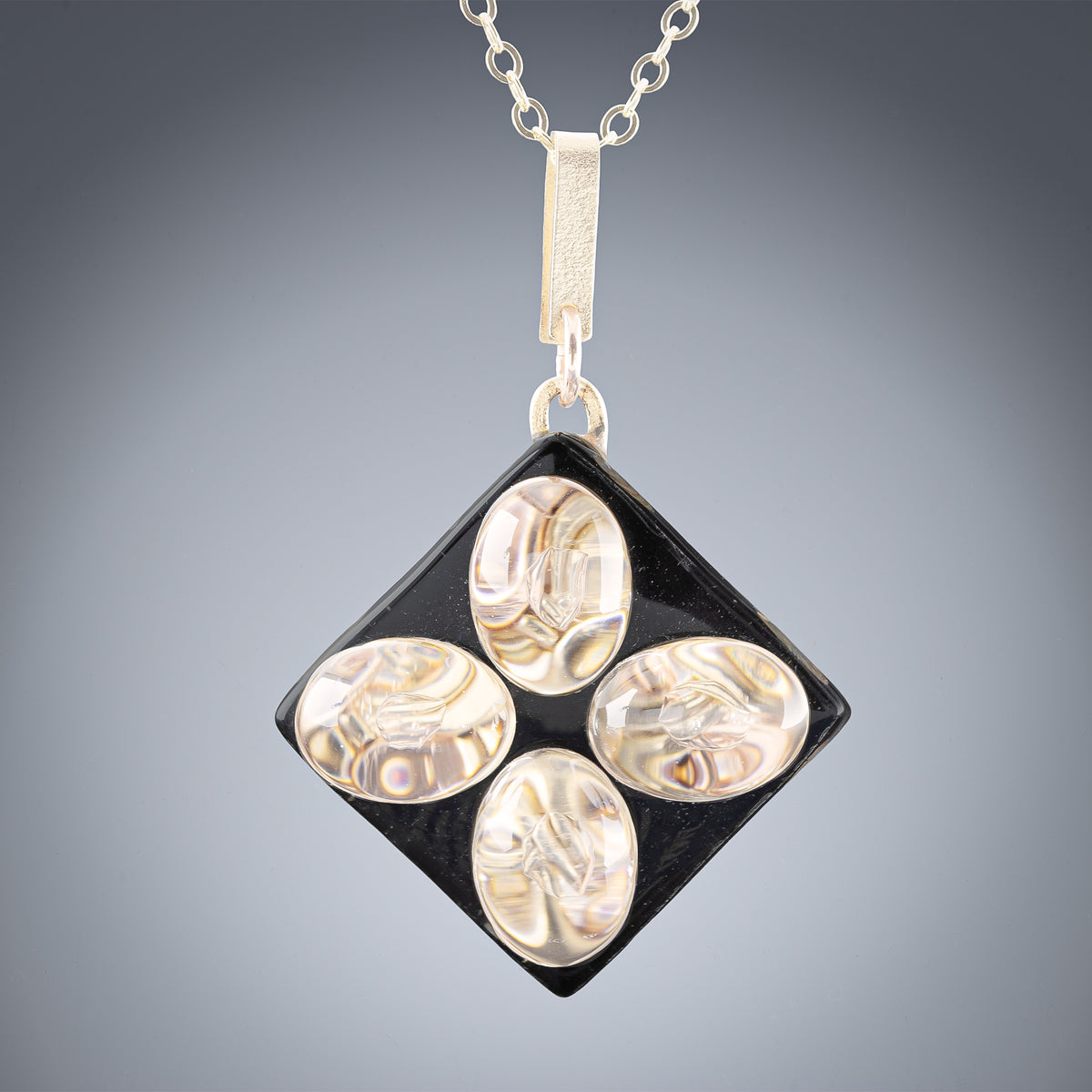 Woven Gold & Black Enamel Fused Glass Pendant Necklace - Large