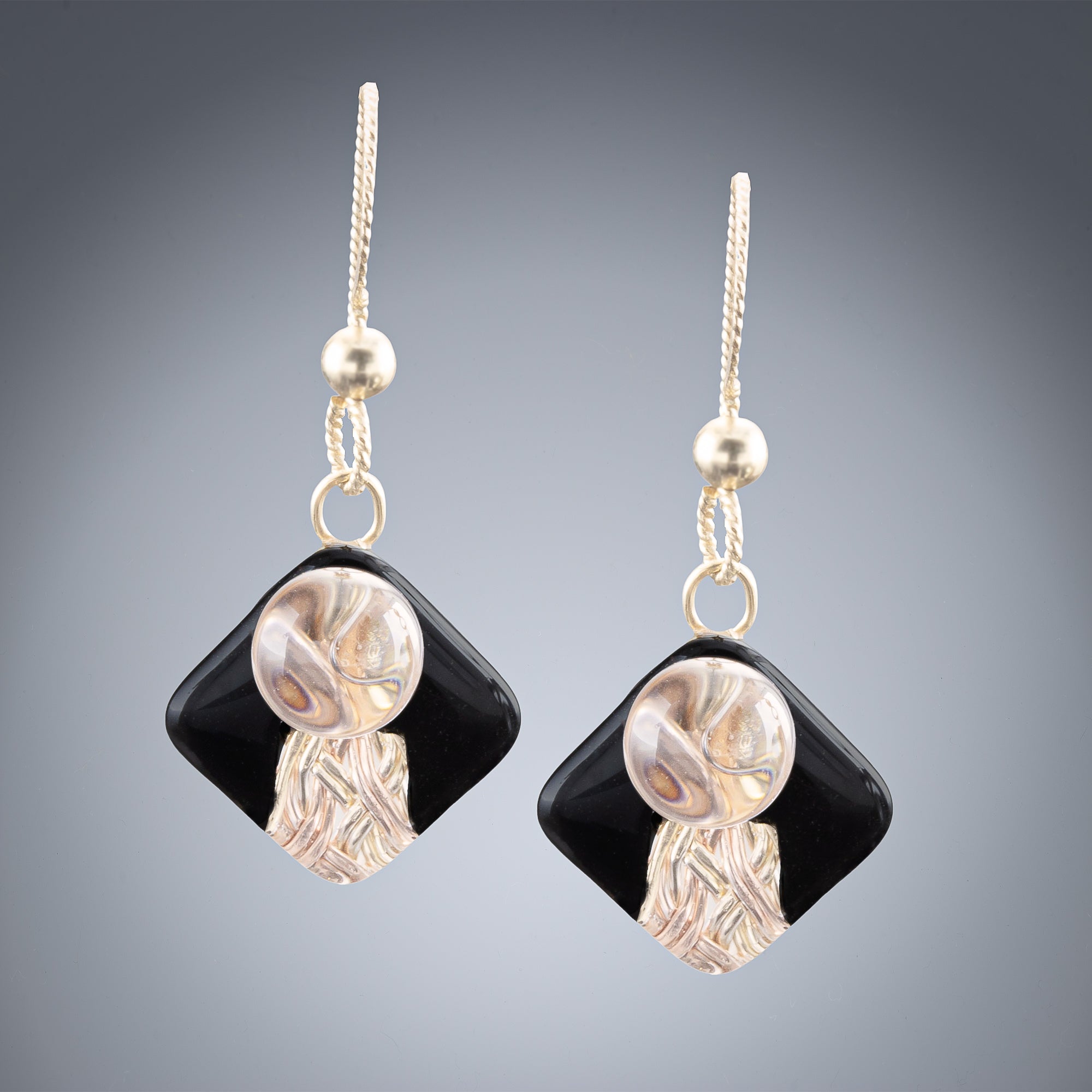 Handwoven Black and Gold Art Deco Inspired Earrings in both 14K Yellow and Rose Gold Fill
