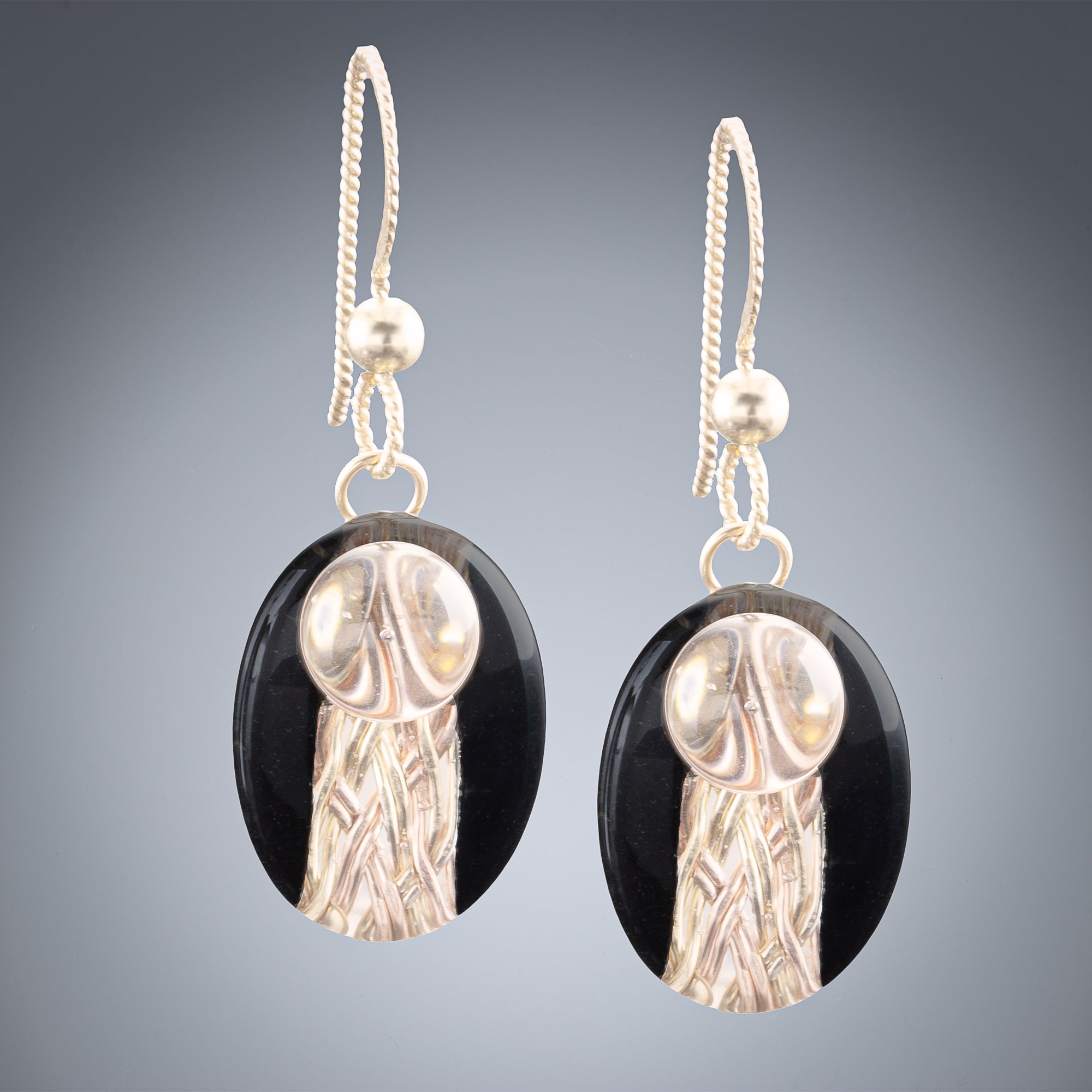Handwoven Oval Black and Gold Art Deco Inspired Earrings in both 14K Yellow and Rose Gold Fill